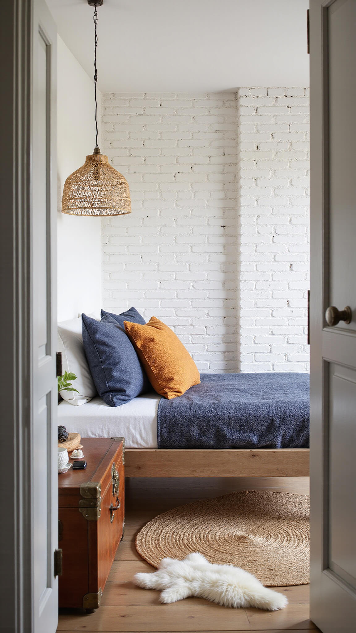 Cozy 10x12ft boho kids' room with whitewashed brick wall, low twin bed with mudcloth pillows, woven pendant light, jute and sheepskin rug, and vintage trunk nightstand at magic hour.