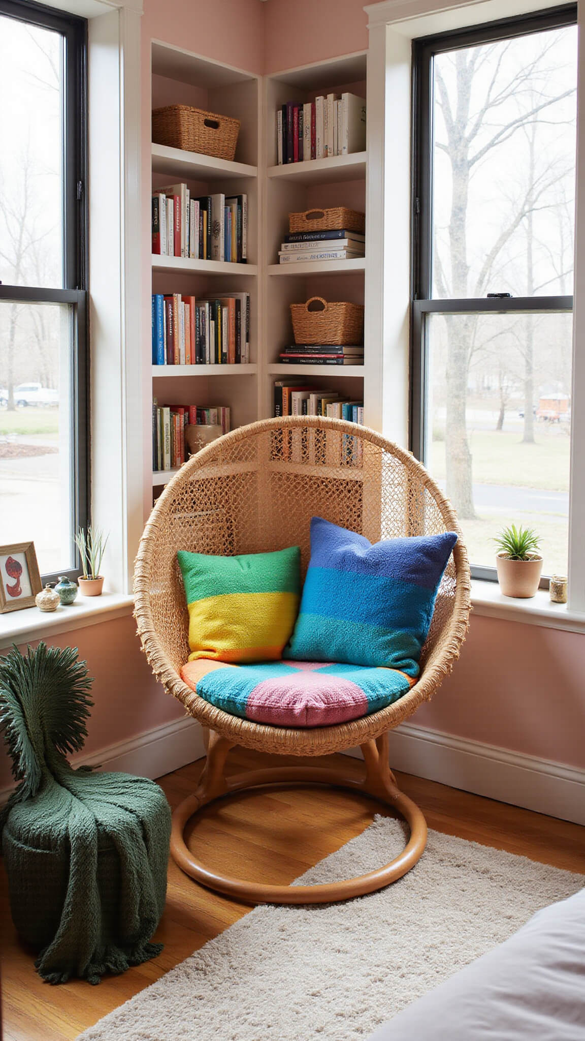 Cozy reading nook with a hanging rattan chair, colorful cushions, and built-in bookshelves in a sunlit blush-toned bedroom.