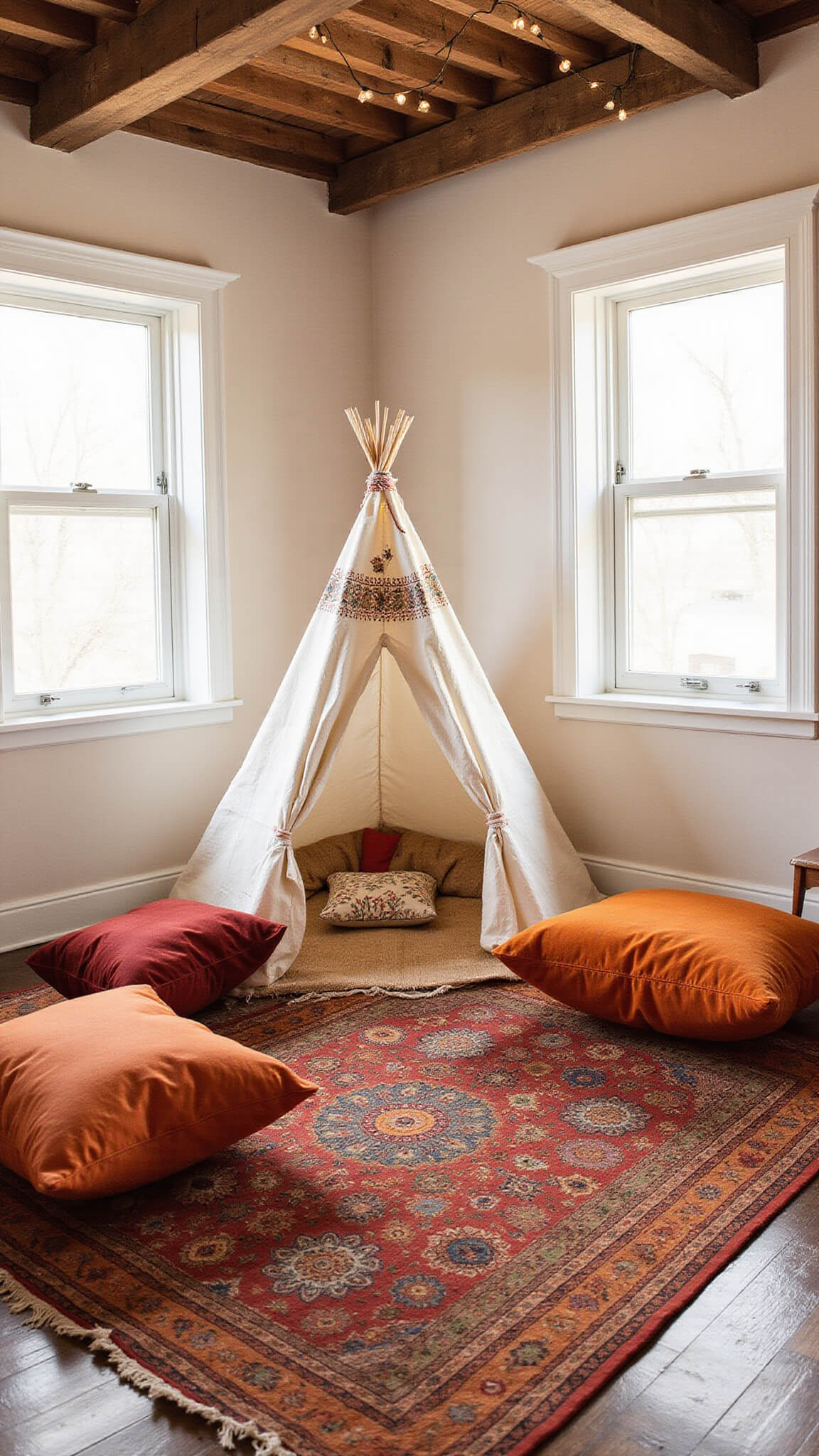 Cozy playroom with vintage fabric teepee on layered Moroccan rugs, velvet floor pillows, and string lights under wooden beams.