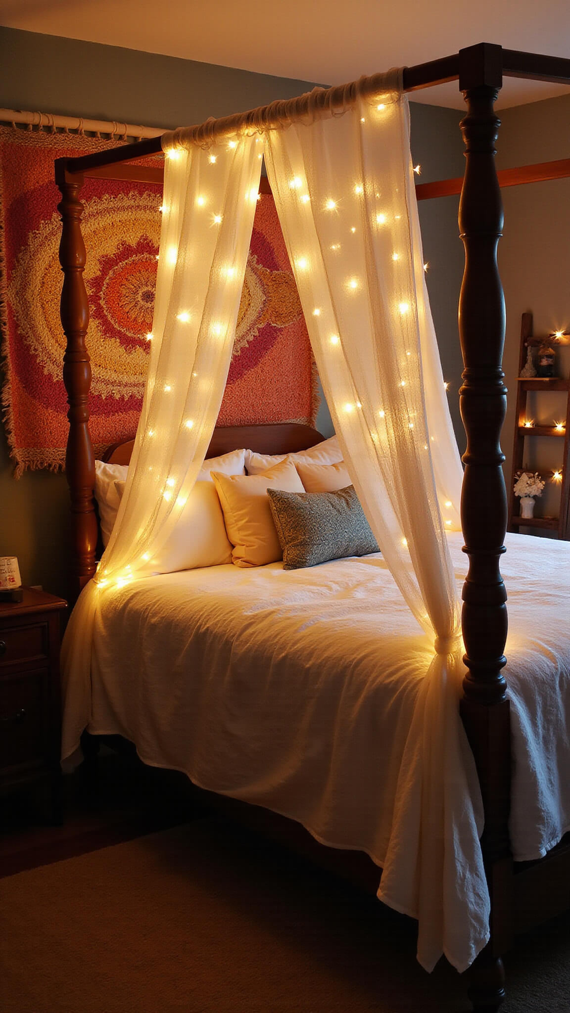Cozy 12x14ft bedroom at dusk with fairy light-wrapped four-poster bed, sheer muslin drapes, sunset-toned tapestry, vintage ladder displaying treasures, and soft twinkle lighting.