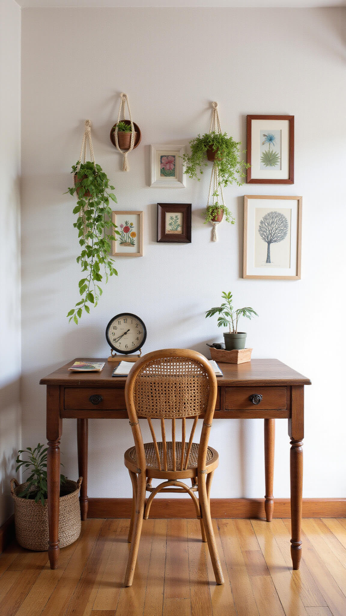 Cozy craft corner lit by morning sunlight with restored wooden desk, bamboo peacock chair, hanging plants, and child's artwork in vintage frames.