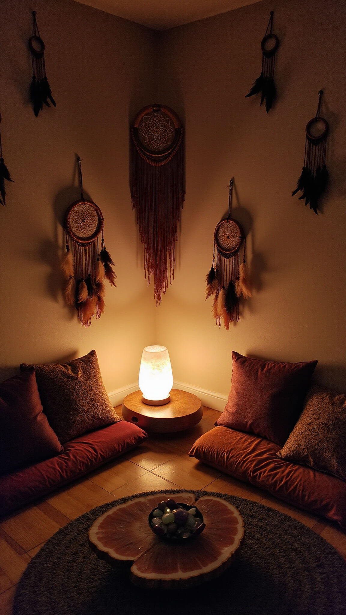 Meditation area in twilight-lit bedroom with velvet cushions around copper table, dreamcatchers casting shadows, salt lamp illuminating crystals.