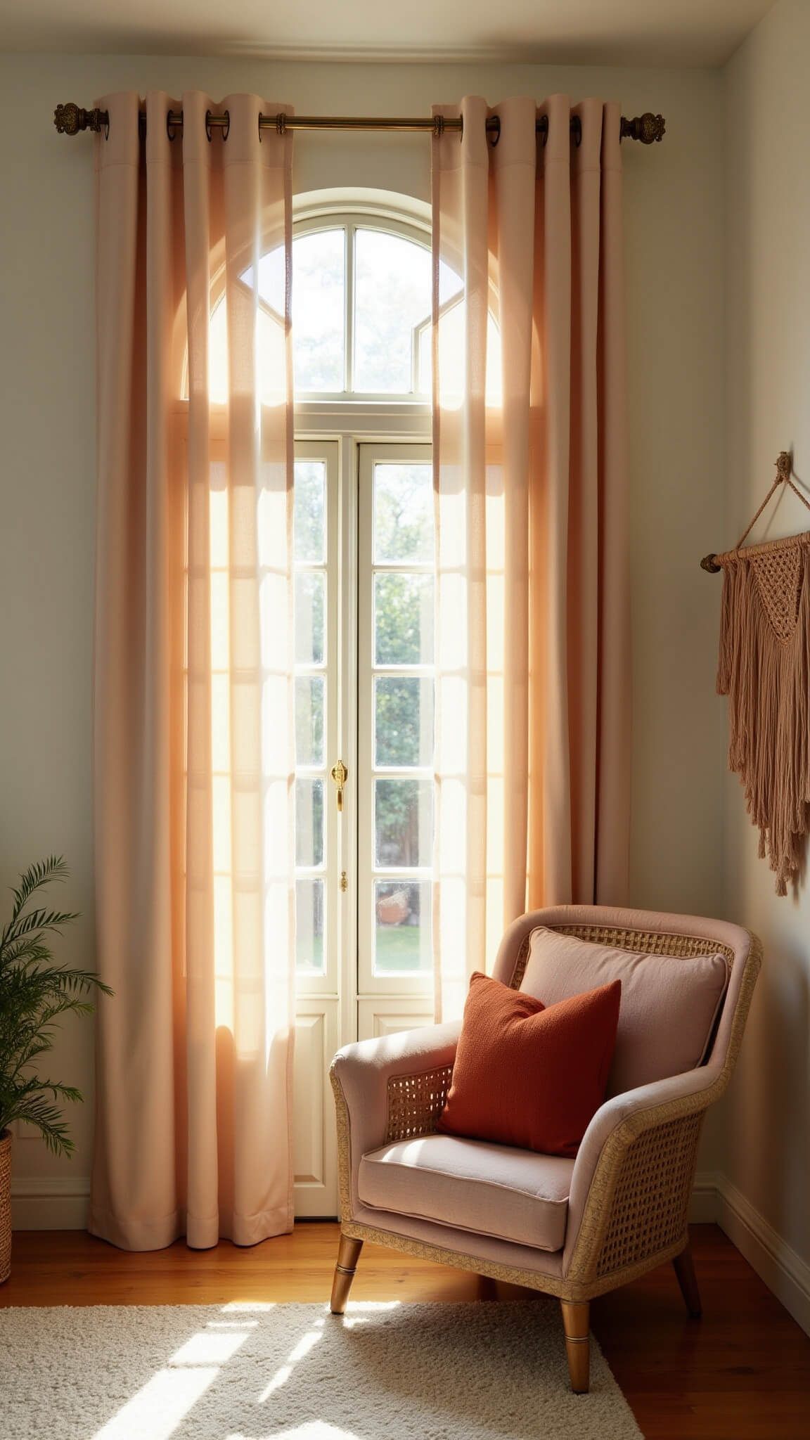 Sunlit living room with arched windows, billowing ivory and dusty rose curtains, rattan chair with rust pillows, and macramé wall hanging glowing in golden hour light.