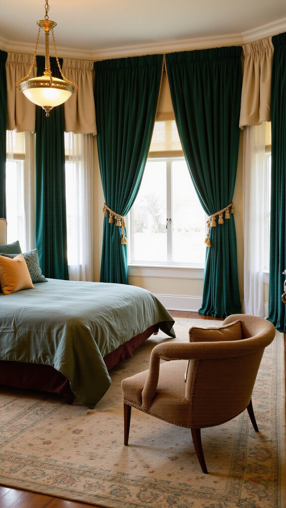 Elegant master bedroom with emerald velvet curtains, champagne silk sheers, brass pendant light, and vintage Persian rug, captured at twilight with soft focus on rich textures.