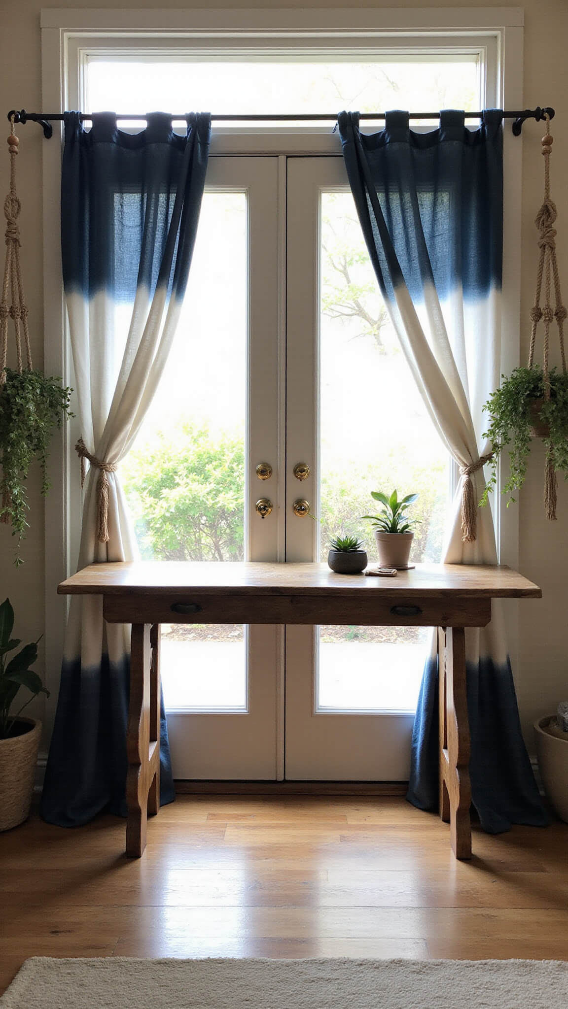 Bohemian home office with mid-morning light, tie-dye ombré curtains, macramé plant hangers, and reclaimed wood desk.