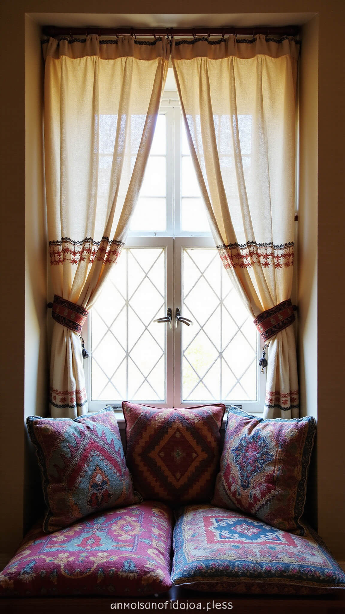 Compact 6x8ft reading nook with diamond-paned window, cream embroidered curtains and beaded valance, kilim floor cushions, shown from above in warm afternoon light.