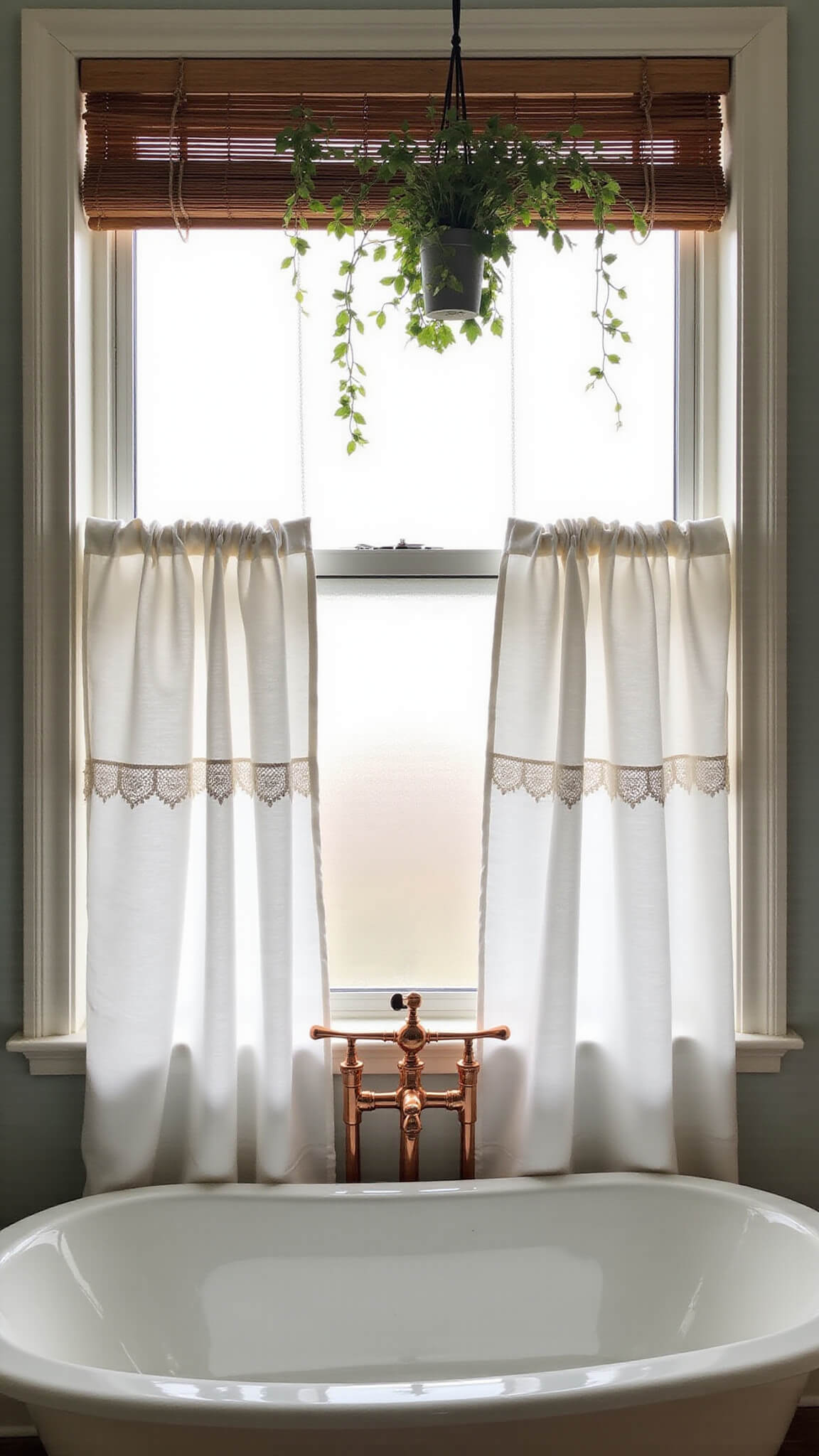Modern boho bathroom with frosted window, sheer white curtains, bamboo blinds, hanging plants, and copper fixtures in soft morning light.