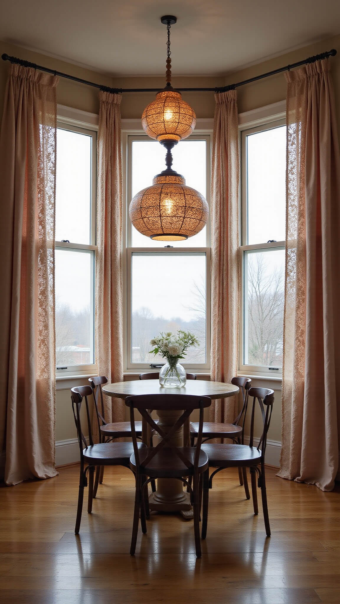 Eclectic 14x16ft dining room at dusk with double windows, pale blush silk curtains layered with vintage lace, jute rope tiebacks, Moroccan pendant lamps casting patterned shadows, viewed from dining table height.