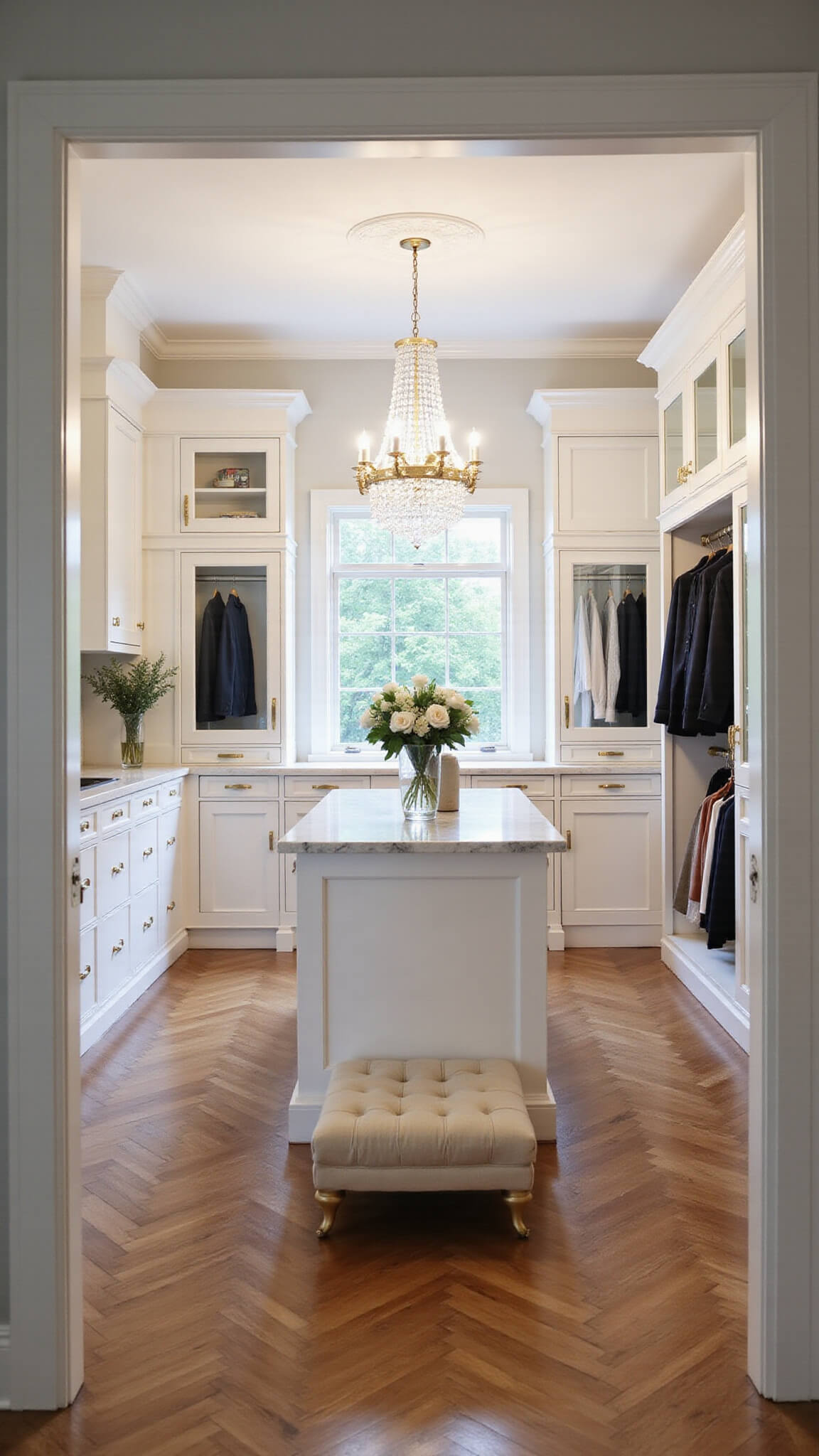 Luxury walk-in closet with marble island, white cabinetry, floor-to-ceiling windows, chandelier, and herringbone floors.