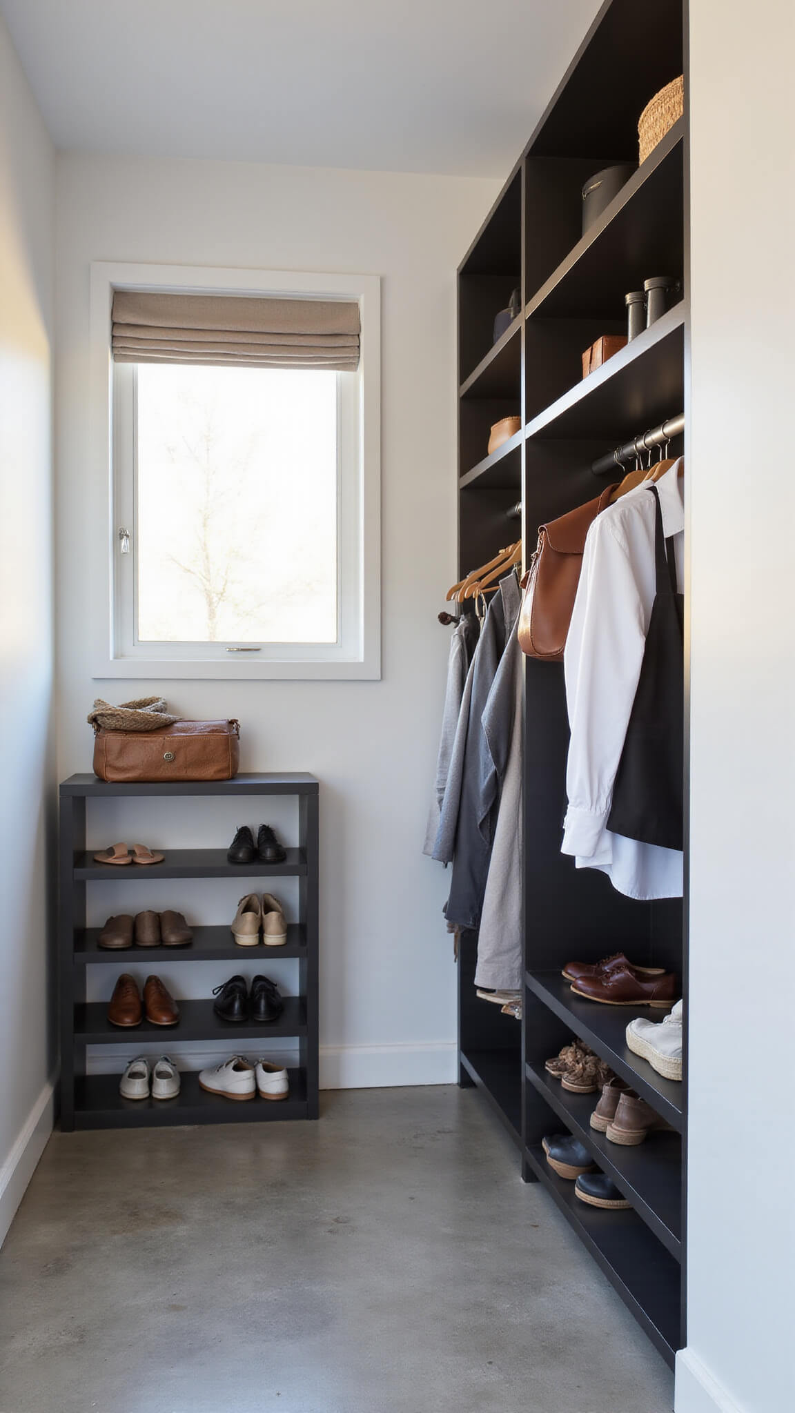 Minimalist 8'x10' closet with matte black organizers, white walls, floating shelves, LED-lit clothing rods, concrete floors, and soft golden hour lighting.