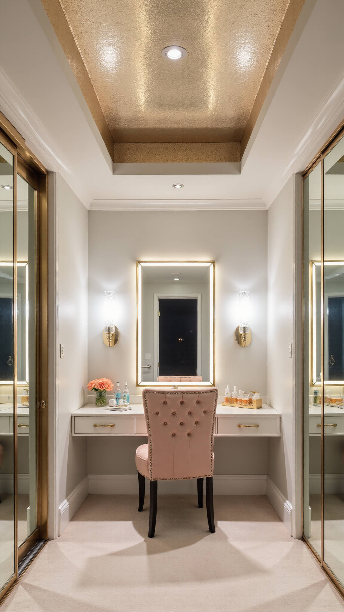 Glamorous dressing room with mirrored wardrobes, Hollywood vanity, blush velvet chair, and crystal sconces in soft blue hour lighting.