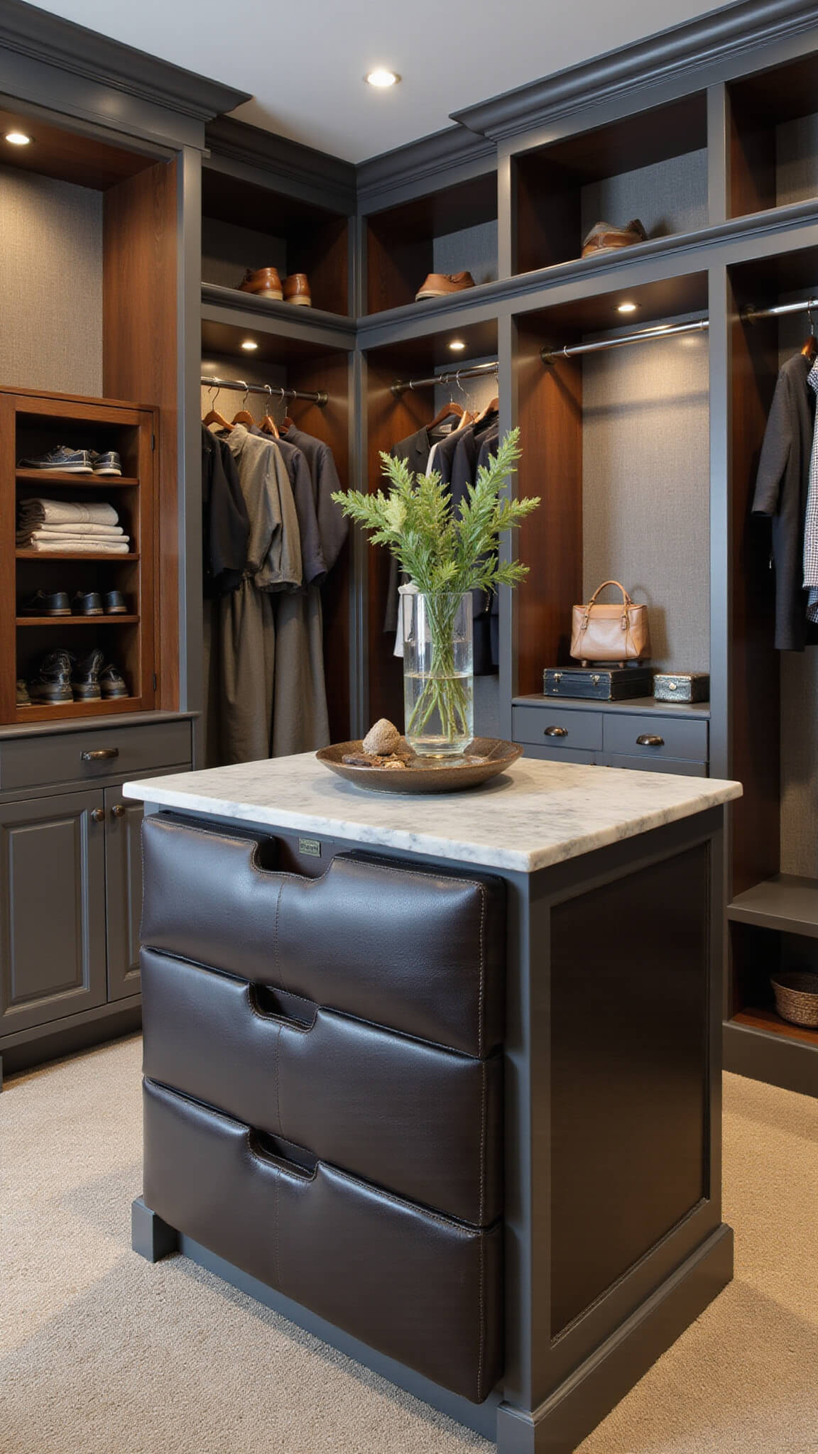 Modern masculine closet with charcoal gray built-ins, walnut accents, leather-wrapped island, and custom shoe display under track lighting.