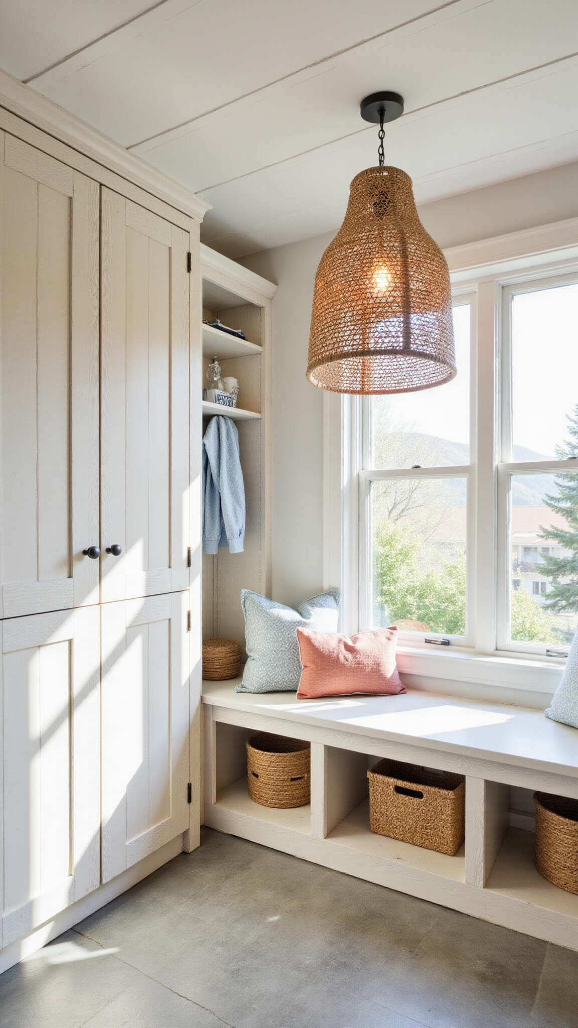 Coastal California closet with whitewashed built-ins, rattan pendant light, maritime blue accents, shiplap ceiling, and limestone flooring bathed in diffused mid-morning light.