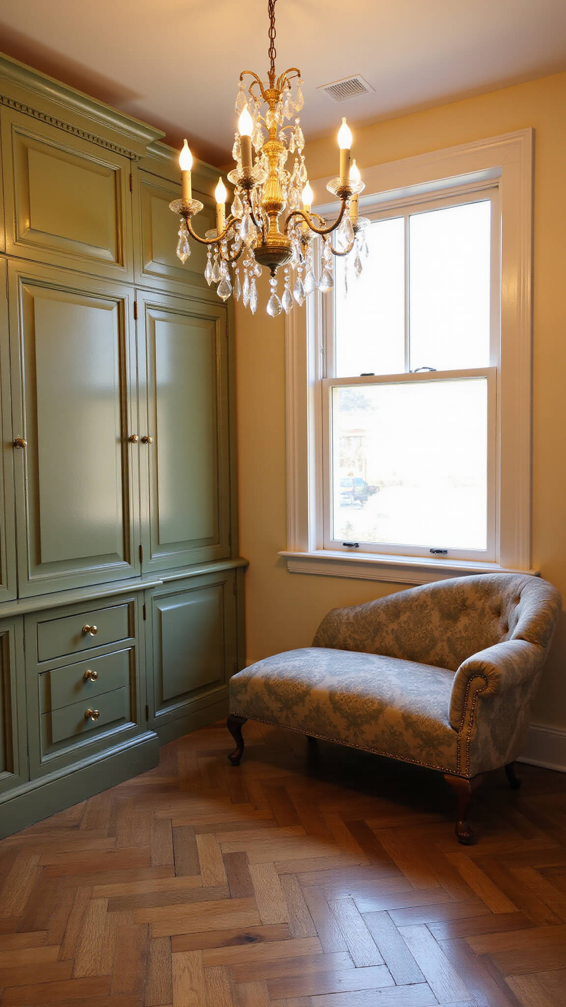 Vintage-inspired boutique with sage green built-ins, antique brass clothing rods, Victorian chaise, and crystal chandelier in golden hour lighting.