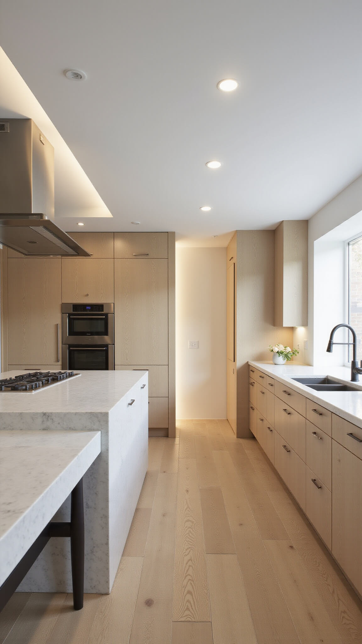 Contemporary minimalist kitchen with white oak cabinetry, floating quartz island, hidden LED lighting, and dark bronze hardware.