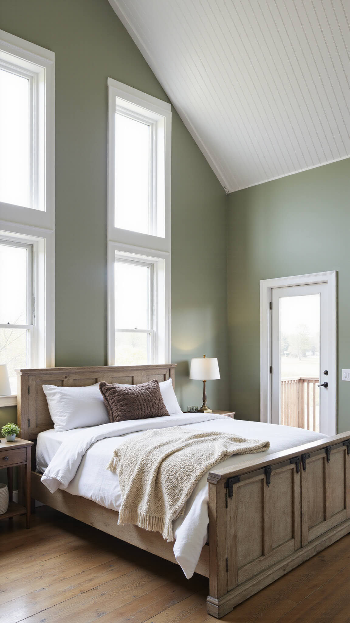 Farmhouse-style bedroom with sage green walls, king bed with barn door headboard, white linen bedding, and tall windows streaming morning light.