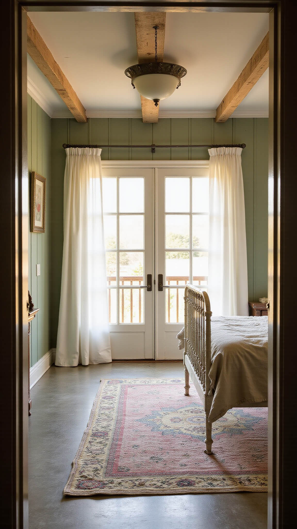 Primary bedroom with sage green board and batten walls, exposed wooden beams, and a white iron bed bathed in golden hour light through sheer curtains.
