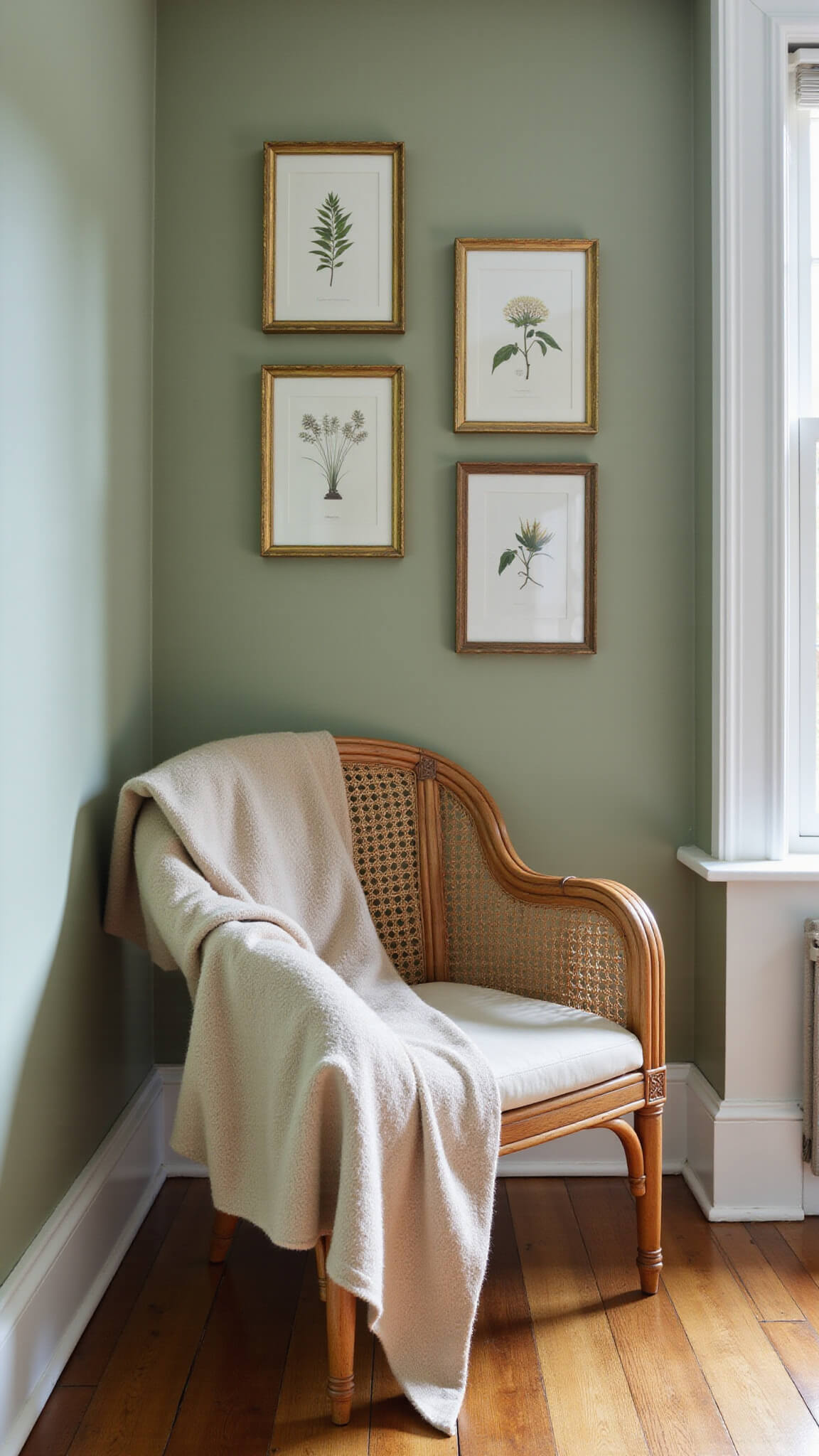Cozy guest bedroom corner with rattan chair, botanical wall art, and sage green plaster walls in soft dawn light.