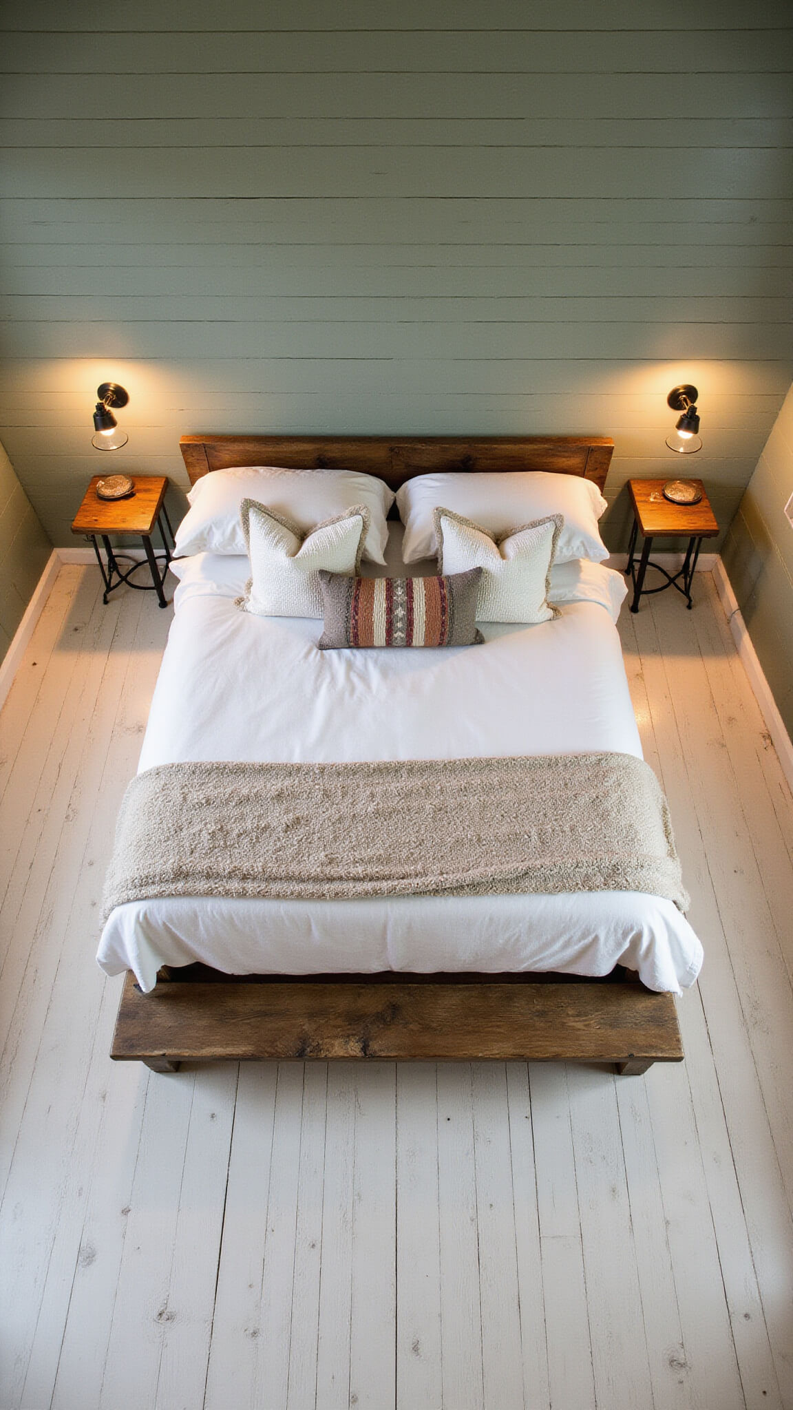 Overhead view of a 16x18ft primary suite with whitewashed plank floors, sage green shiplap walls, reclaimed barn wood bed, white and cream bedding, vintage kilim pillows, and warm ambient lighting from black metal sconces.