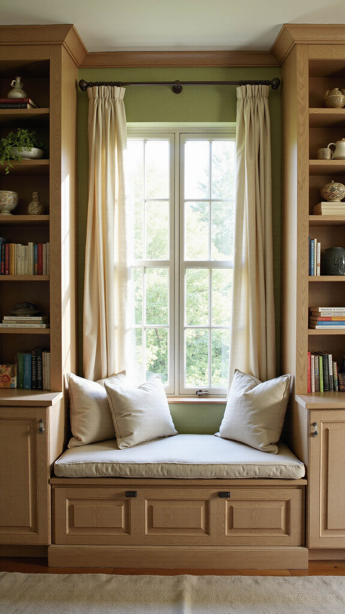 Cozy reading nook in a 12x14ft alcove with sage green wallpaper, built-in window seat, floor-to-ceiling weathered oak bookshelves, and soft afternoon light through gauzy curtains.