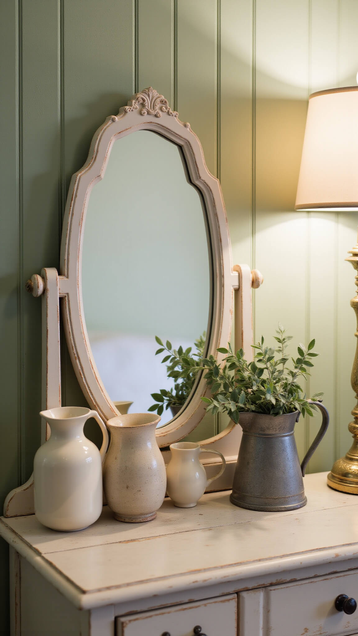 Close-up of farmhouse bedroom vanity with vintage mirror, warm lamp reflection, antique pottery, and eucalyptus in zinc pitcher against sage green beadboard walls.