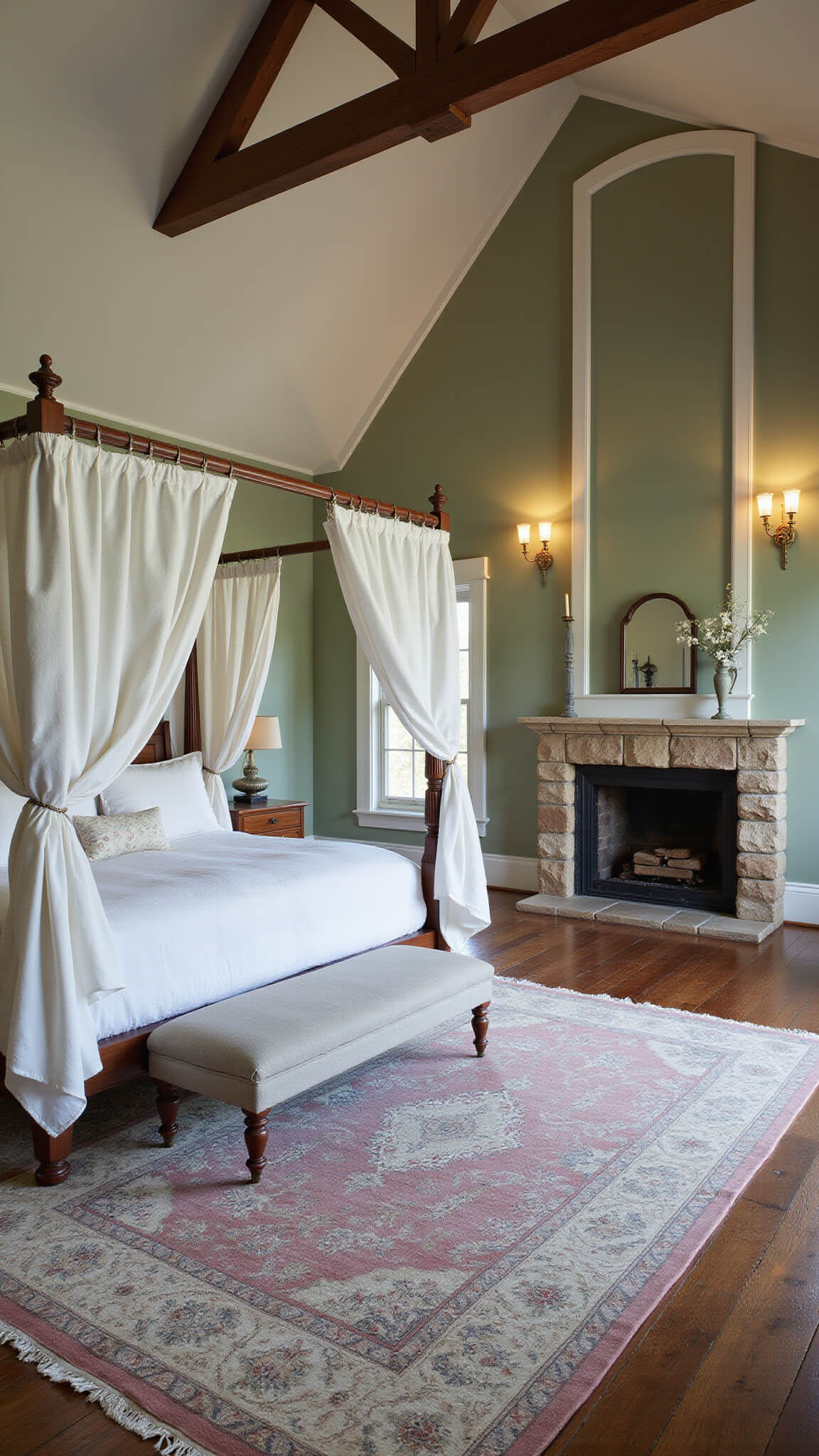 Primary bedroom with sage green walls, canopy bed, stone fireplace, Persian rug, and cathedral ceiling with beams at twilight.