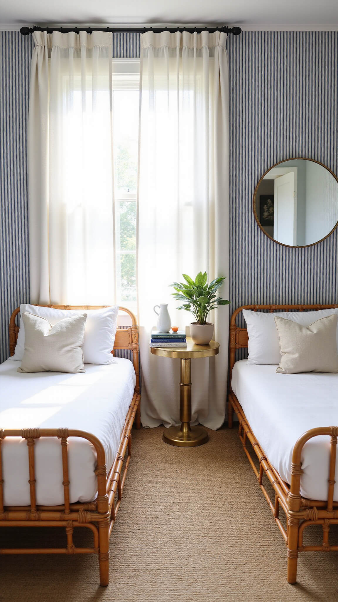 Sunlit guest room with twin rattan beds, white linens, brass accents, navy-striped wallpaper, and coastal decor elements.