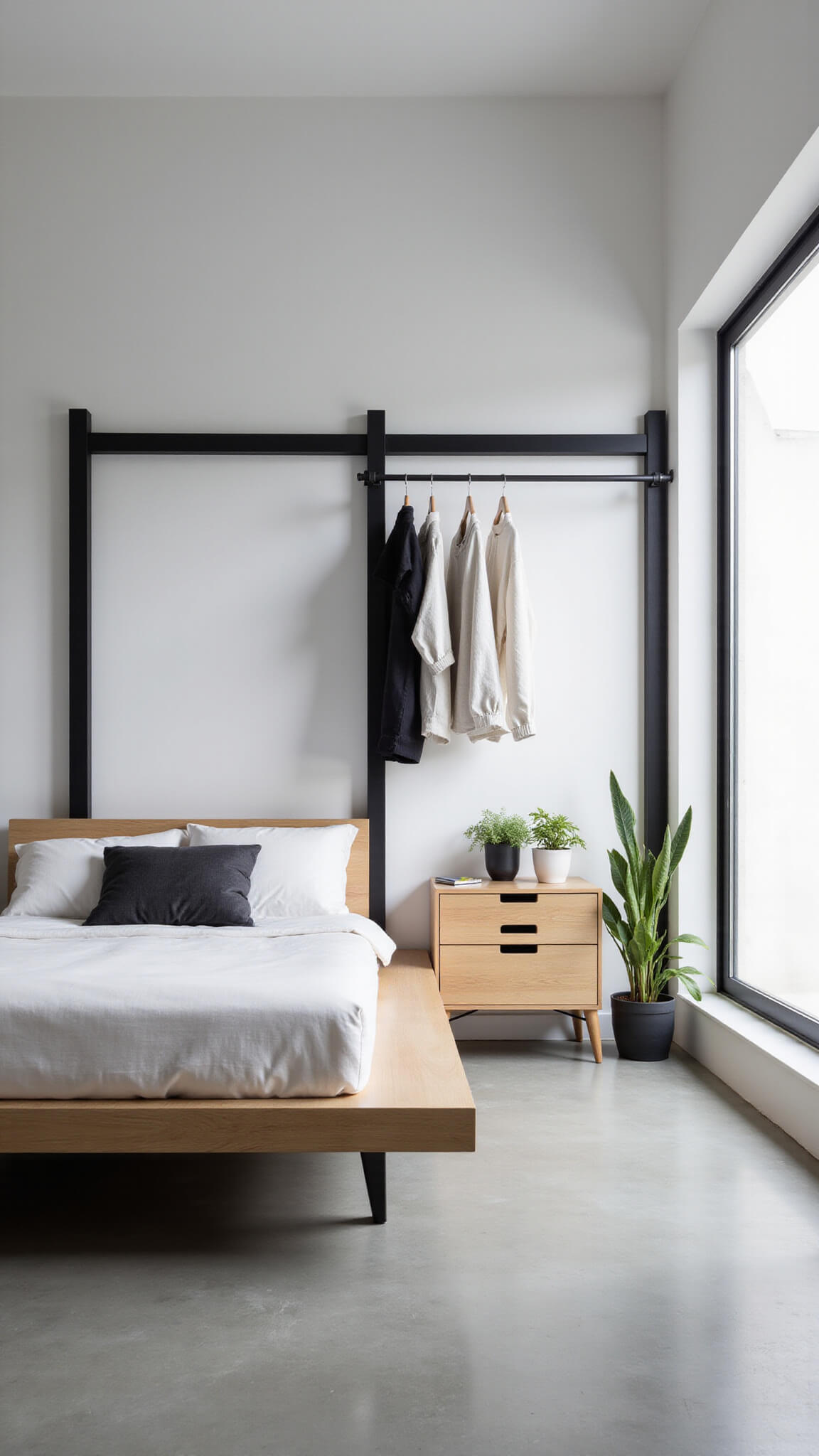 Modern minimal guest room with floating bleached oak bed, dramatic floor-to-ceiling window, black metal clothes rack divider, and soft morning light casting shadows on white walls.