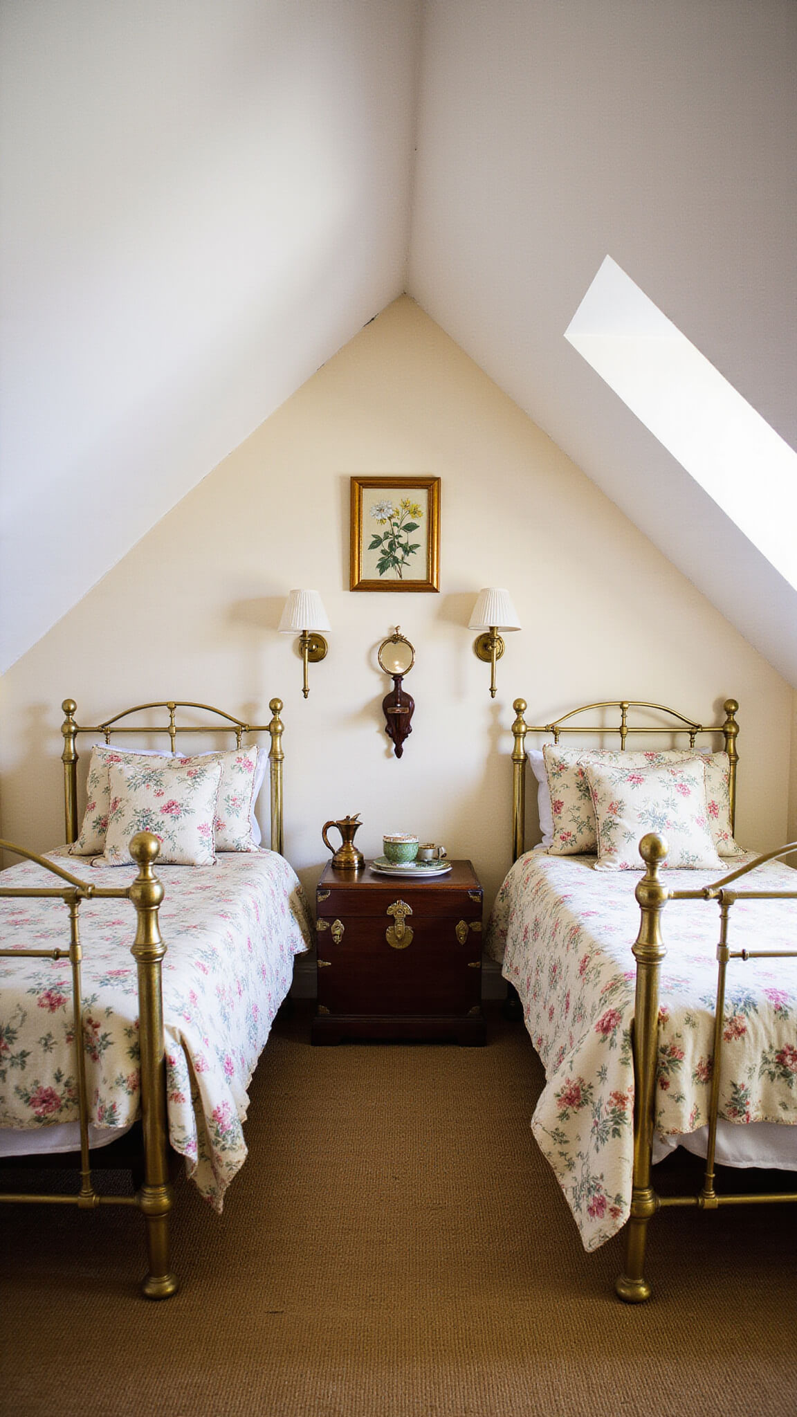 Cozy attic guest room at dusk with twin brass beds, vintage floral linens, antique trunk coffee table, and ambient wall sconces under soft white angled ceilings.