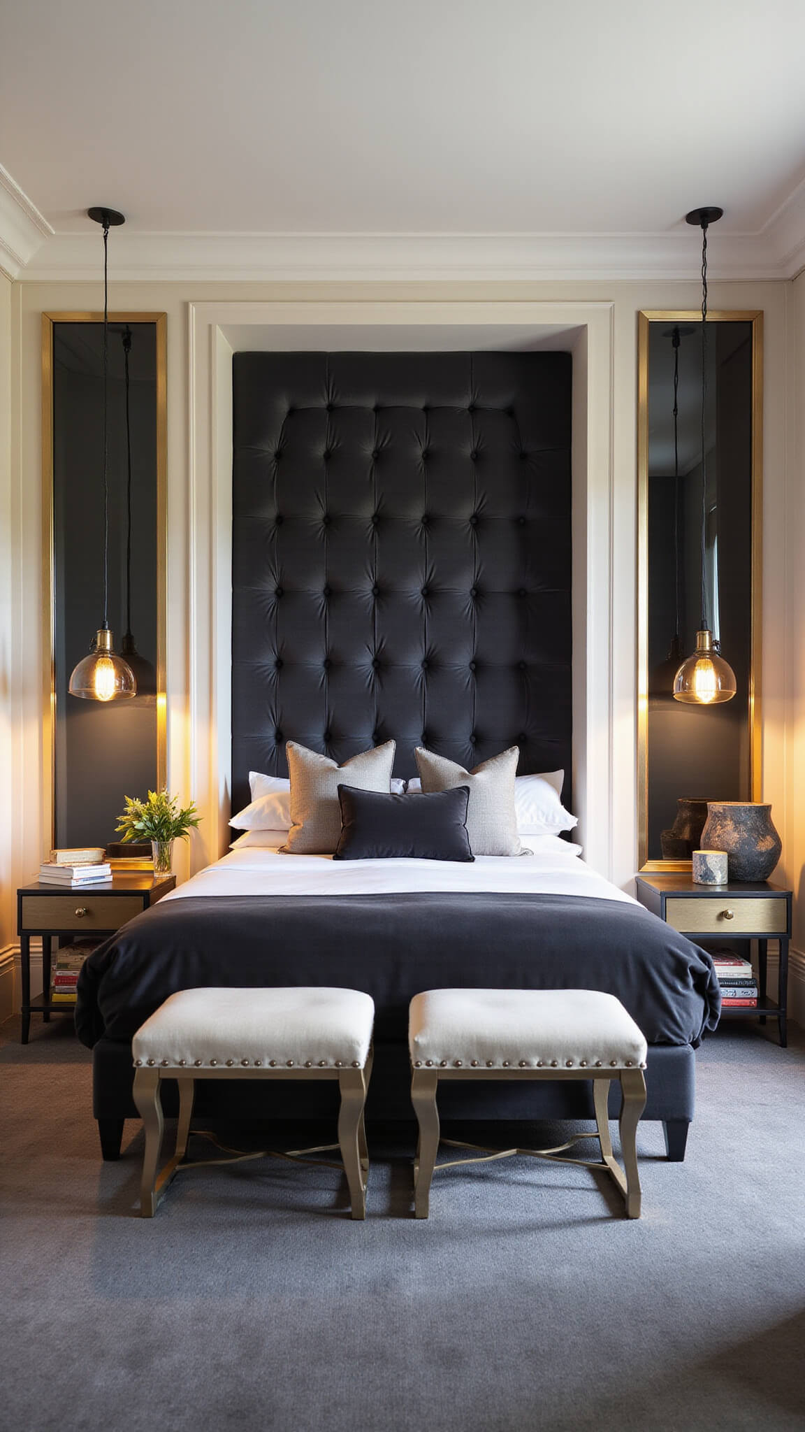 Boutique hotel-style guest room with charcoal velvet bed, asymmetrical smoked glass pendant lights, built-in nightstands, floor-to-ceiling mirrors, and art deco-inspired decor in a rich charcoal, cream, gold, and navy palette.