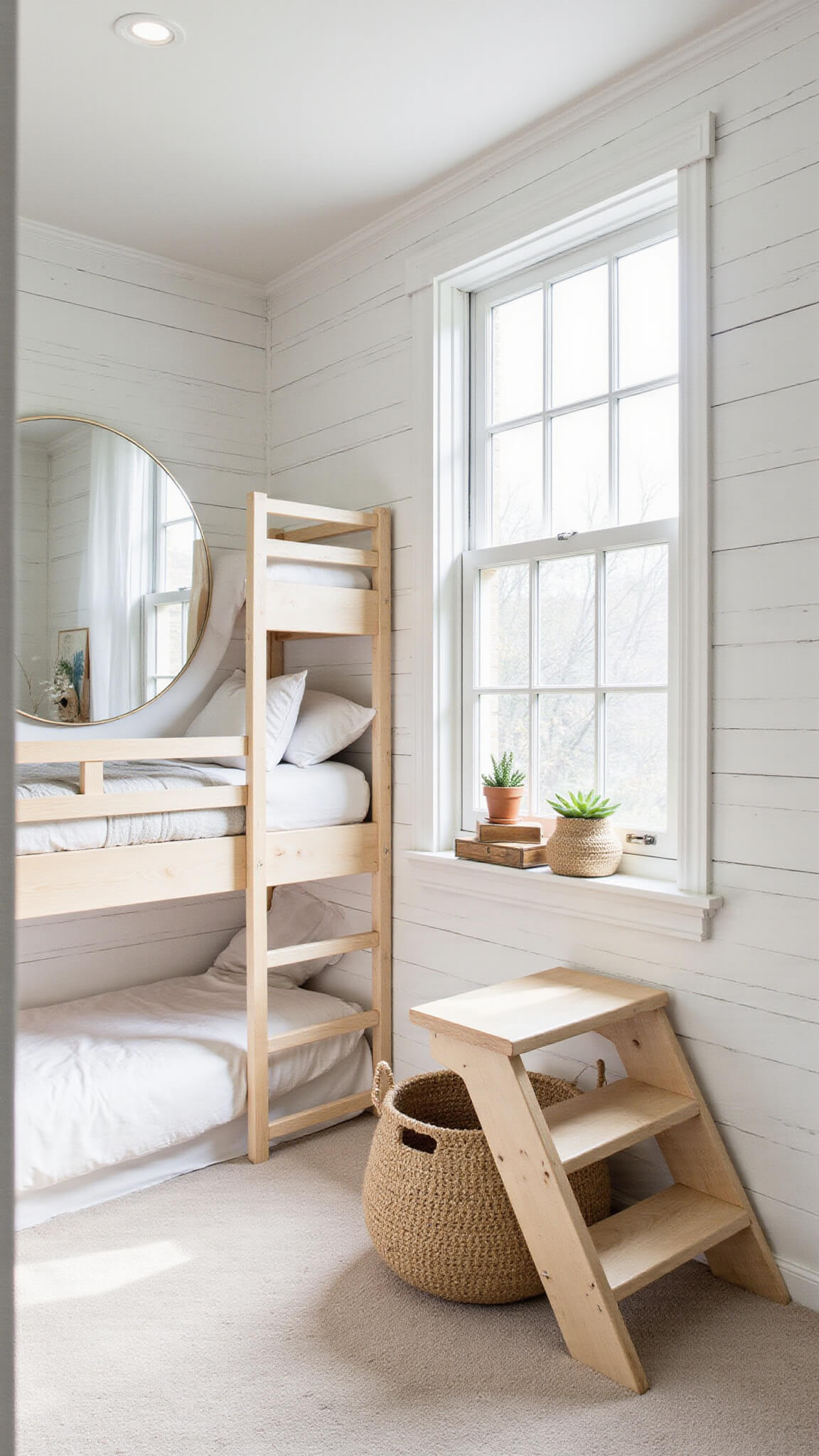 Scandinavian-style guest room with light wood bunk beds, white shiplap walls, large round mirror, and natural fiber decor.