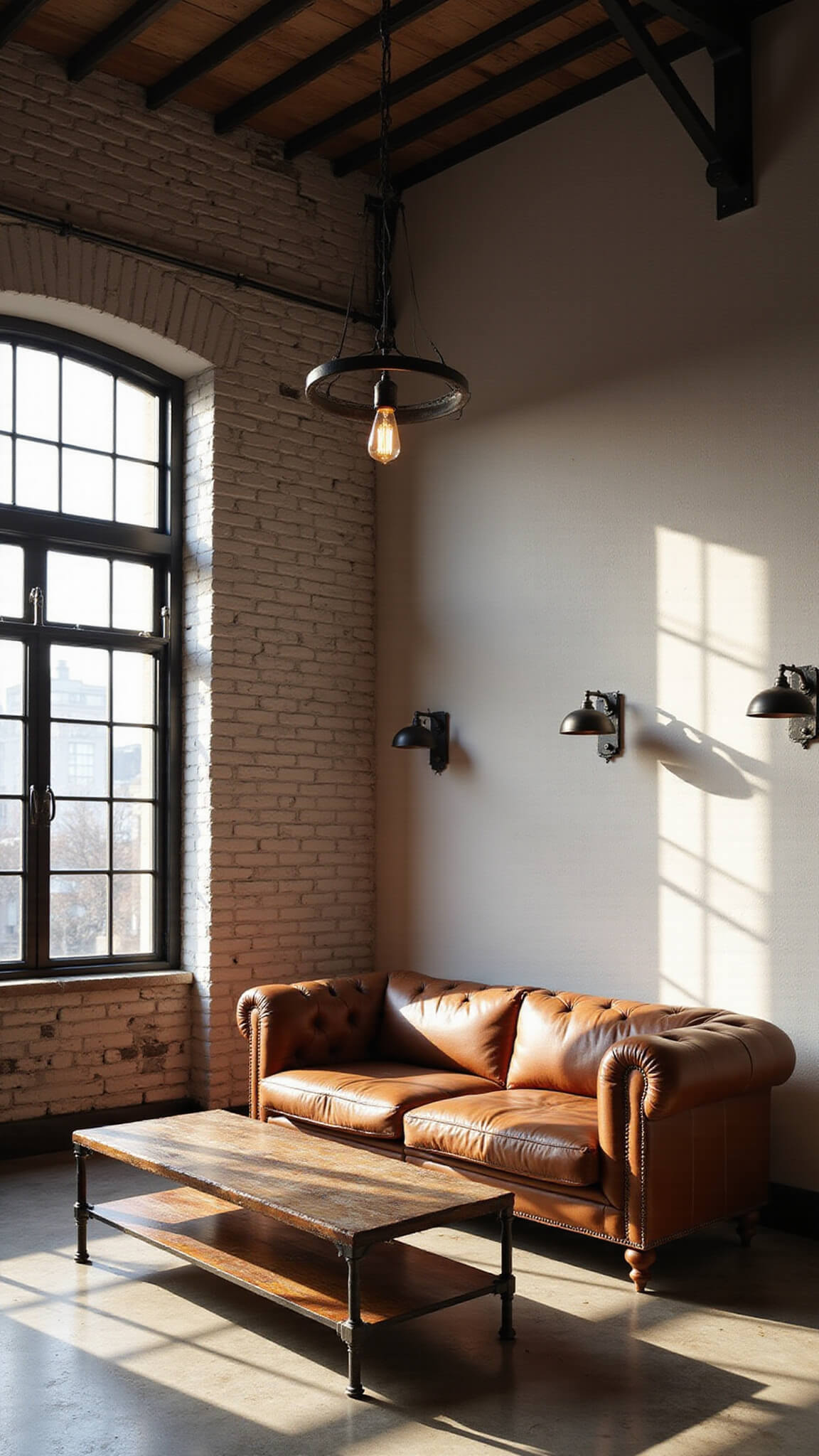 Industrial-style living room with high ceilings, exposed steel beams, and golden hour light highlighting a leather Chesterfield sofa, reclaimed wood coffee table, and vintage Edison bulb chandelier.