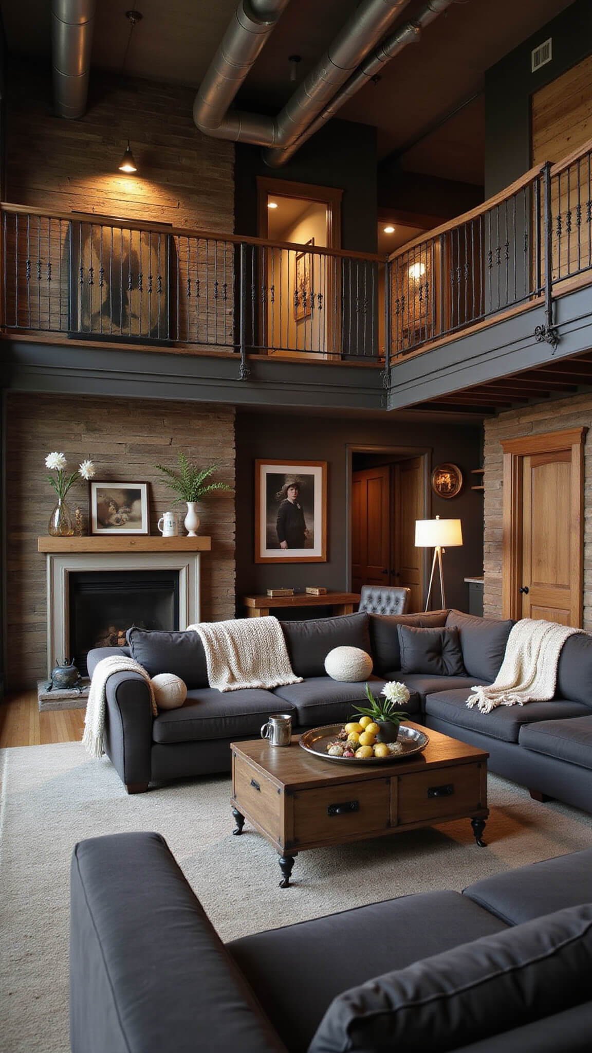 View from mezzanine of moody double-height living room with exposed ductwork, barn wood accent wall, charcoal sectional, industrial cart coffee table, and layered evening lighting.