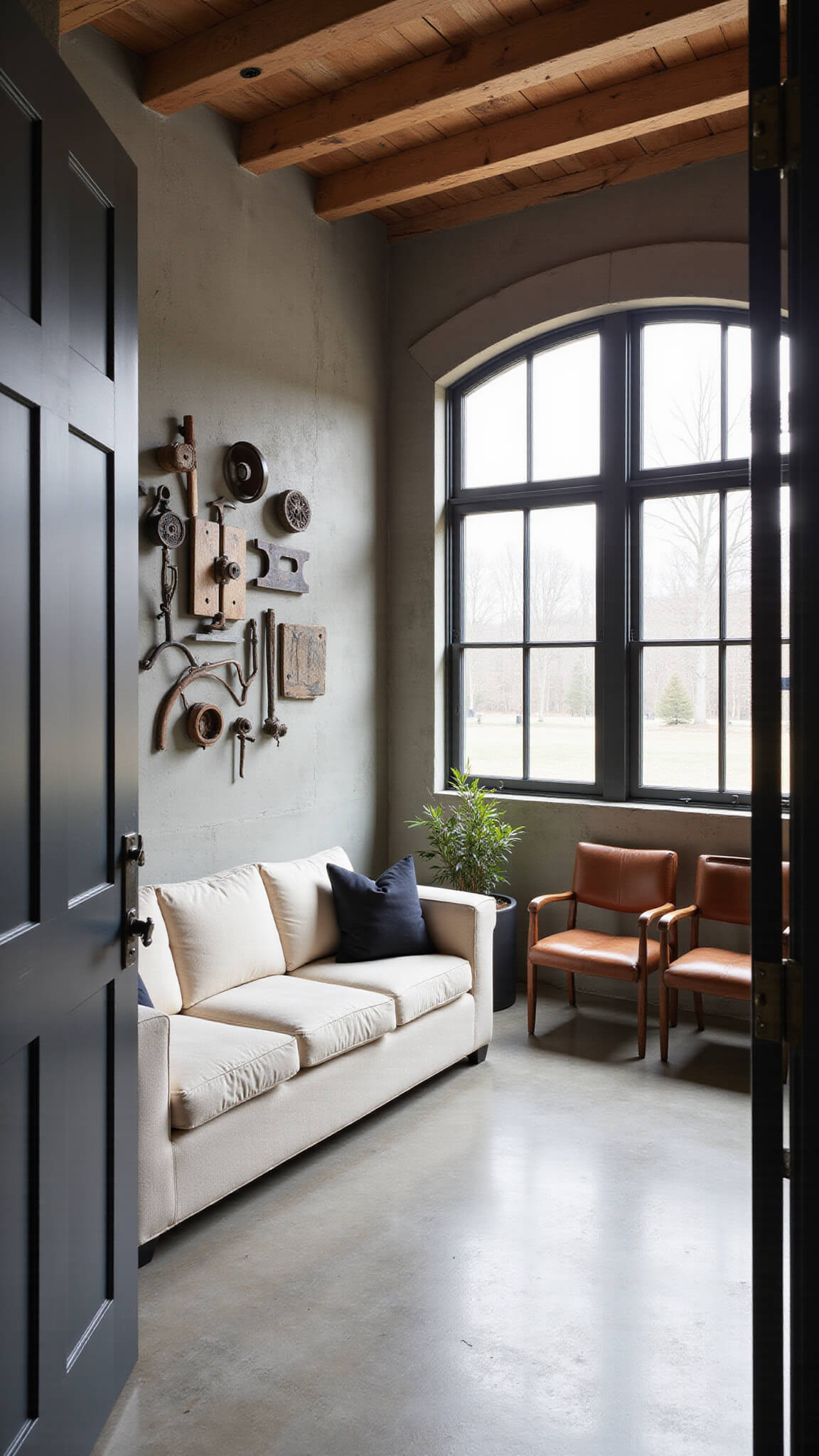 Industrial-style living room with concrete floors, timber ceiling beams, large black steel-framed windows, and vintage decor including factory molds and tools.