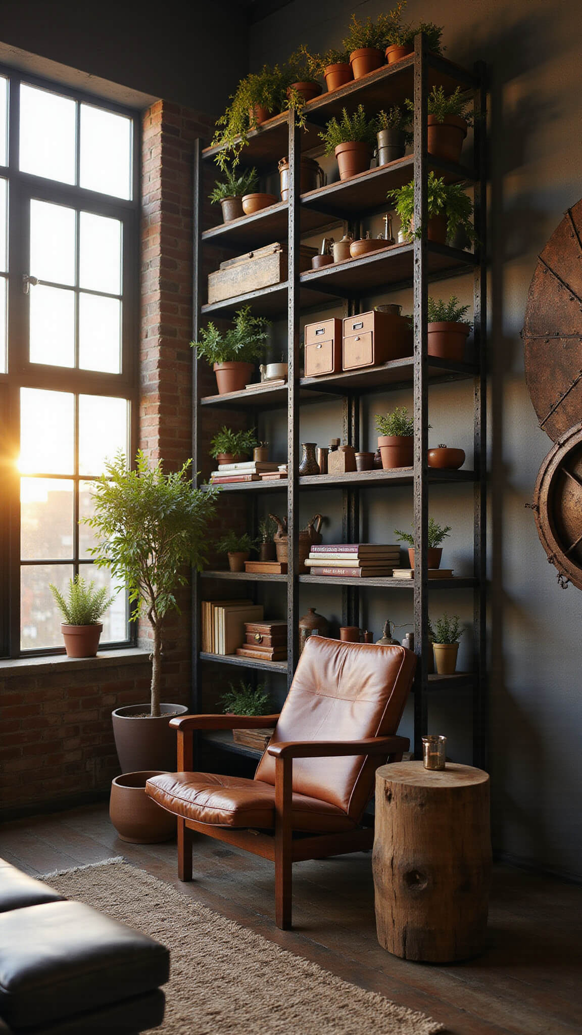 Cozy industrial-style living room corner with steel shelving, vintage decor, green plants, leather chair, wood table, and golden hour light through grid windows.