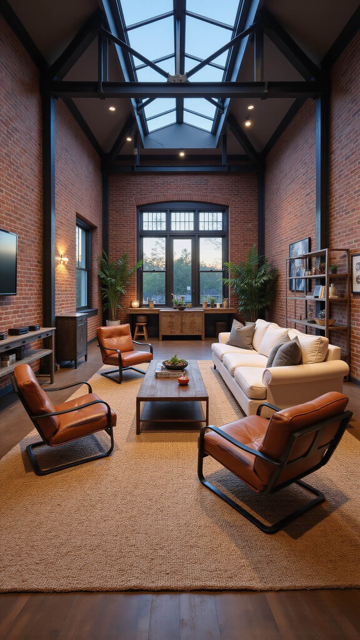Open-concept 25x30ft living space with exposed brick walls, steel trusses, and dusk lighting through clerestory windows; features industrial-farmhouse seating on large jute rug, vintage workbench media console, and warm rust, cream, graphite tones.