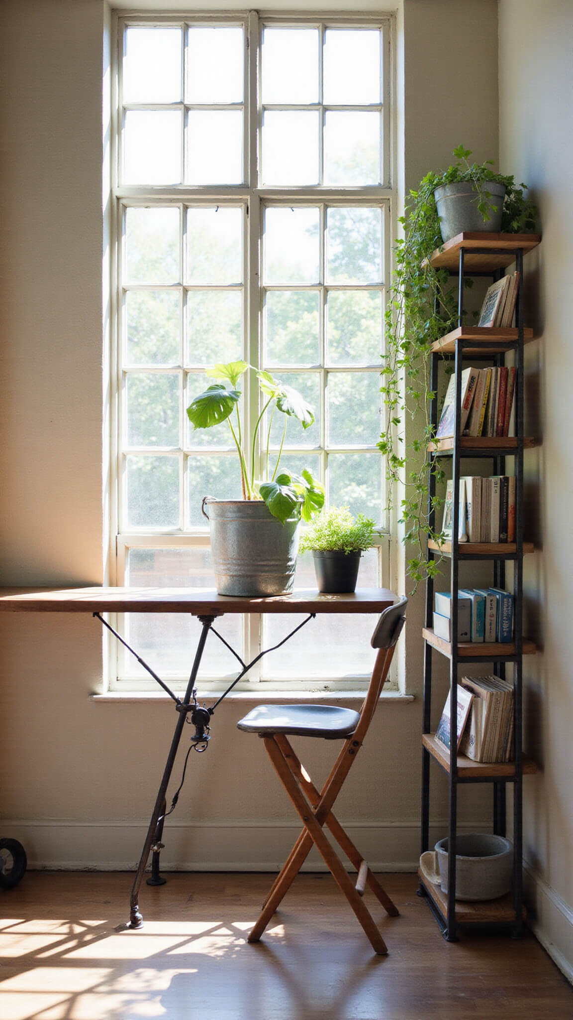 Cozy 14x16ft reading nook with vintage stool, reclaimed wood bookshelf, trailing vines in metal planters, and industrial pulley light in soft afternoon light.