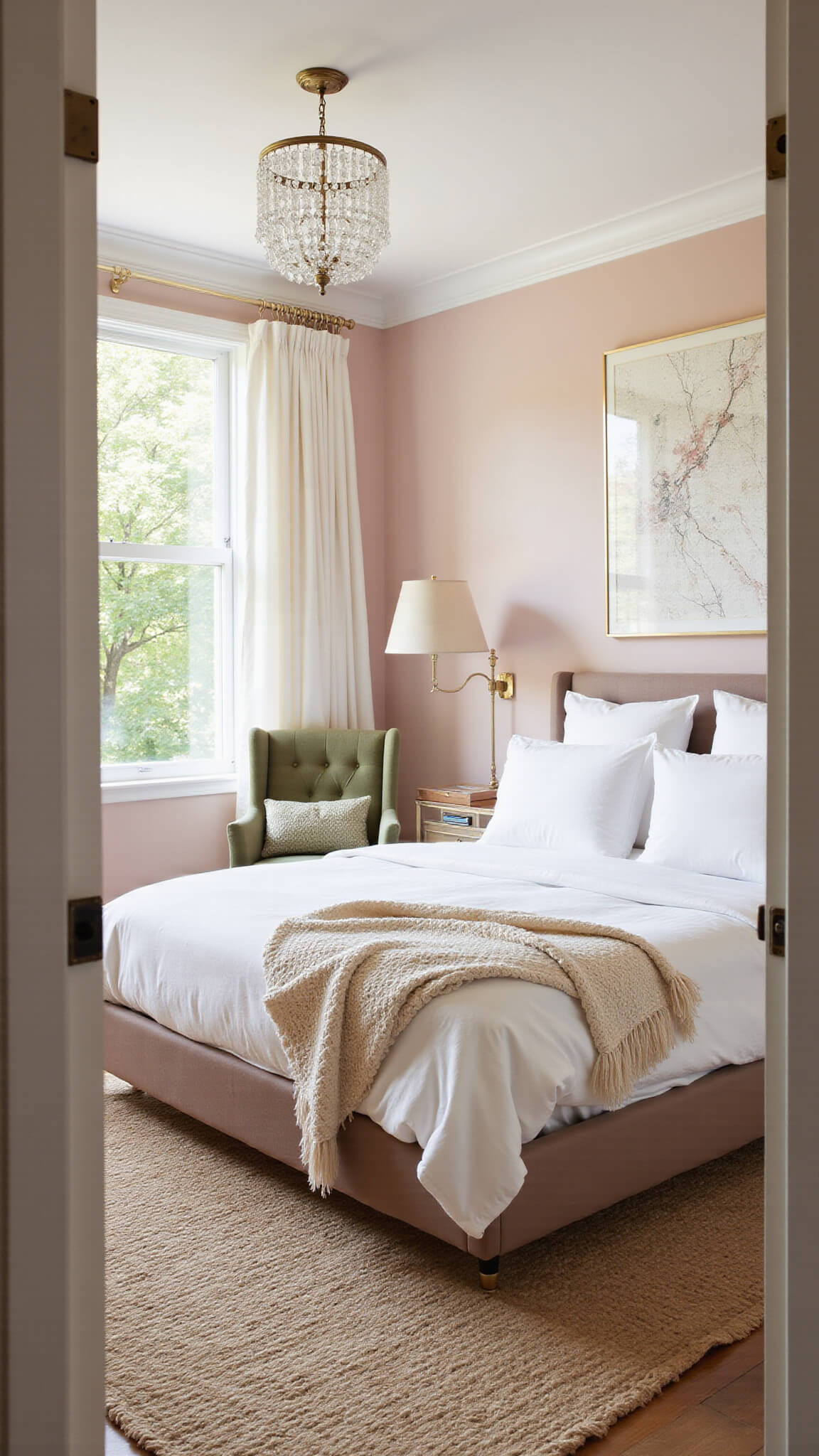 Modern blush pink bedroom with king-size bed, floor-to-ceiling windows, brass nightstands, sage green accent chair, layered textures, and crystal chandelier in soft morning light.