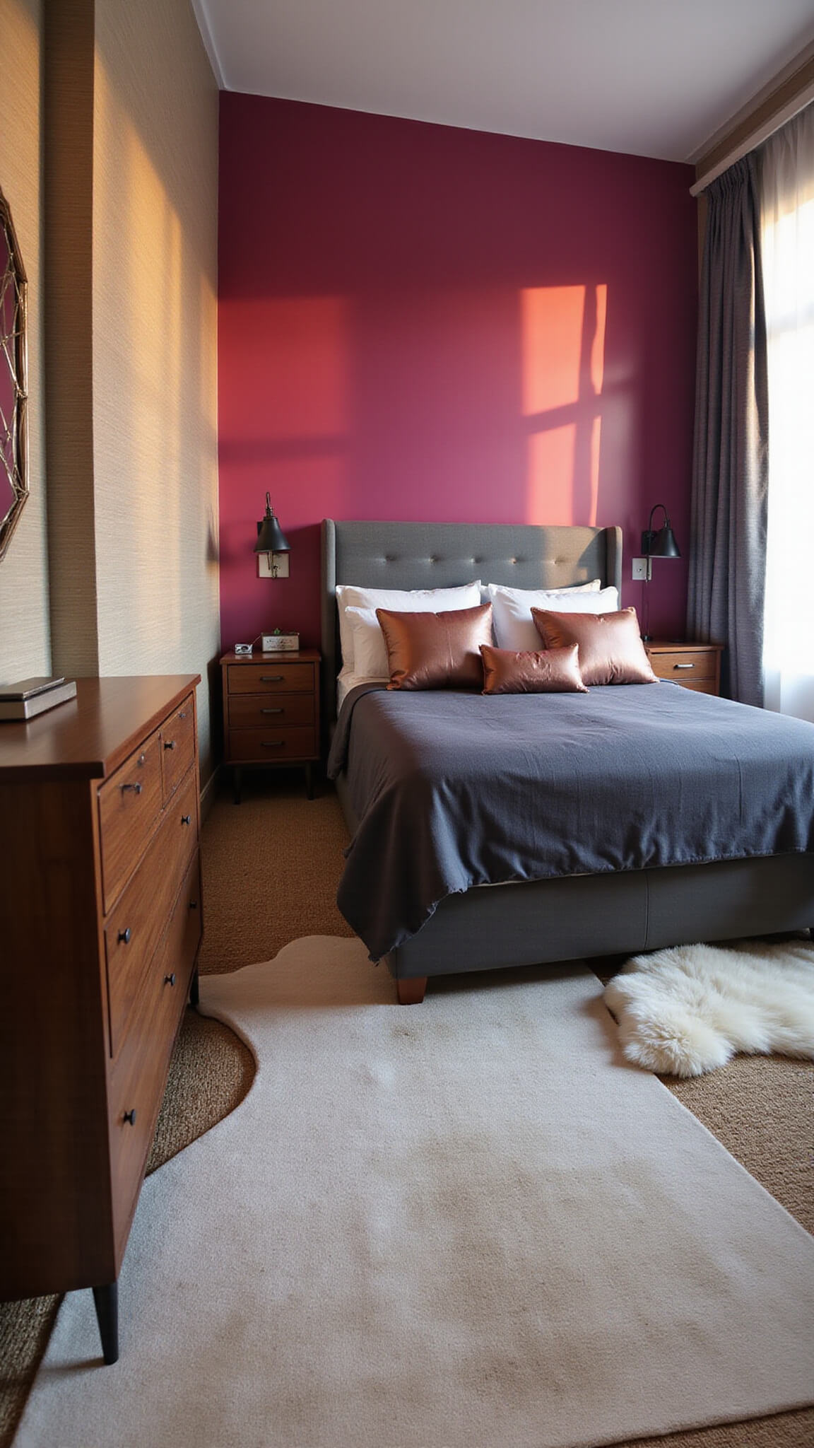 Low-angle view of a bold, elegant 12x12ft bedroom at golden hour with a raspberry pink accent wall, charcoal bedding with copper pillows, mid-century walnut dresser, geometric mirror, black sconces, textured wallpaper, sheepskin rug over sisal, and dramatic side lighting through sheer curtains.