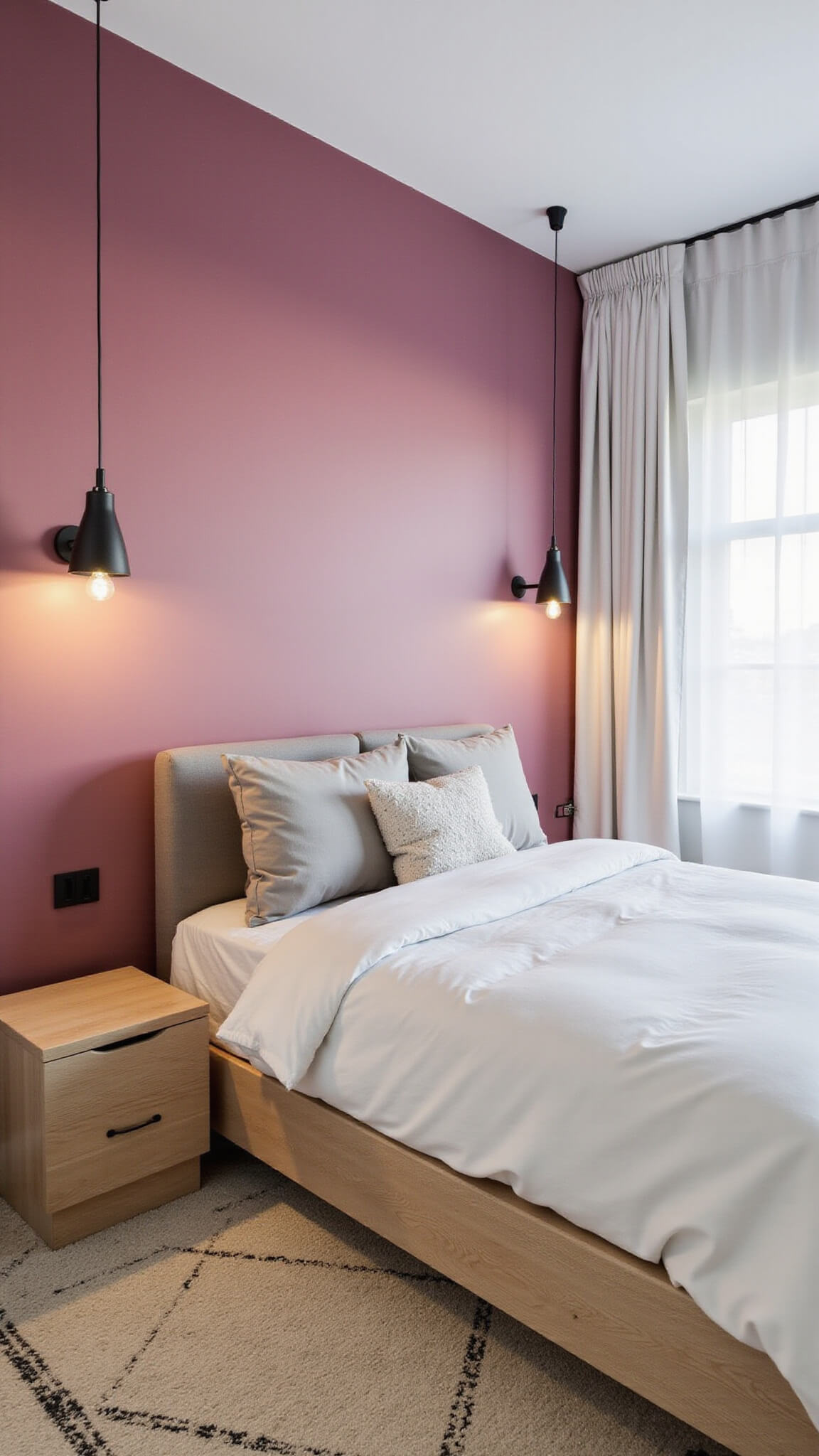 Contemporary 15x15ft primary bedroom at twilight with ombré pink feature wall, platform bed in bleached oak, minimalist pendant lights, Moroccan rug, and floor-to-ceiling white drapes.