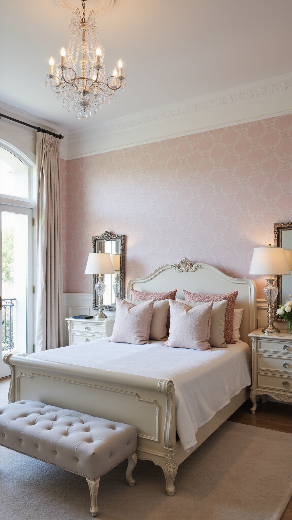 Romantic traditional bedroom with blush pink damask wallpaper, white wainscoting, queen sleigh bed, crystal lamps on carved nightstands, silver-framed mirrors, tufted gray ottoman, and French doors to Juliet balcony in soft afternoon light.