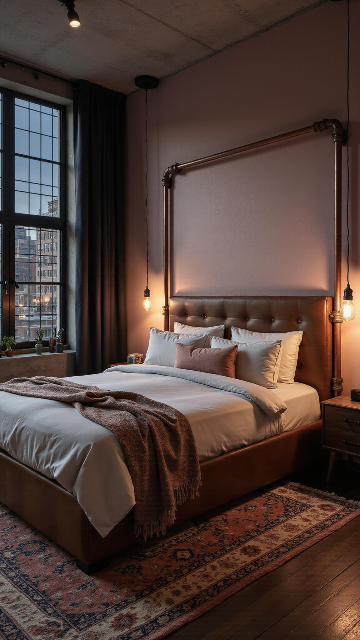 Urban bedroom with dusty rose concrete wall, copper pipe clothing rack, leather platform bed, Persian rug, Edison lights, and city views through black grid windows.
