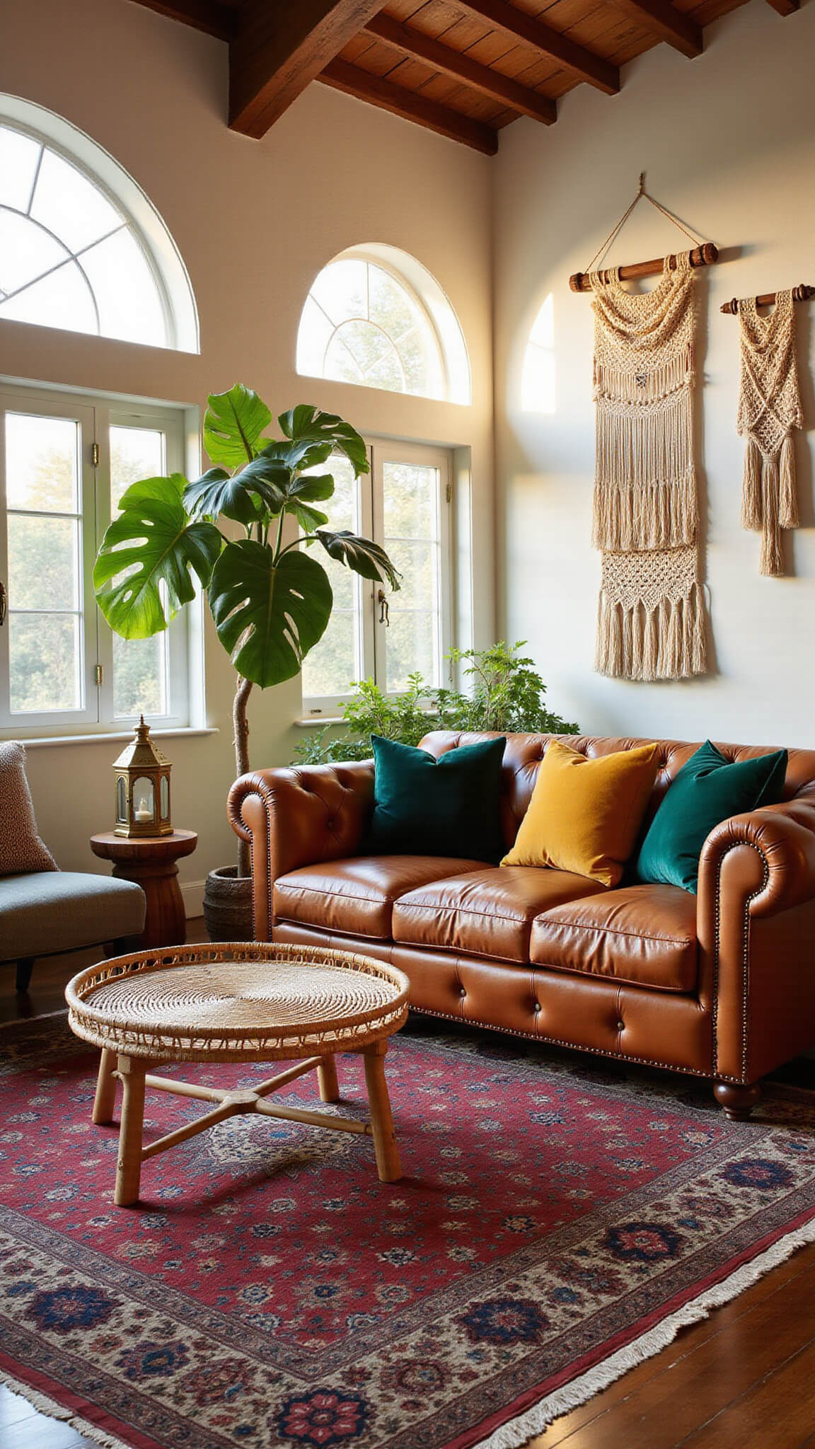 Sunlit boho-style living room with vintage leather Chesterfield sofa, jewel-toned pillows, rattan coffee table, layered Persian and Moroccan rugs, macramé wall hangings, lush indoor plants, and arched windows at golden hour.