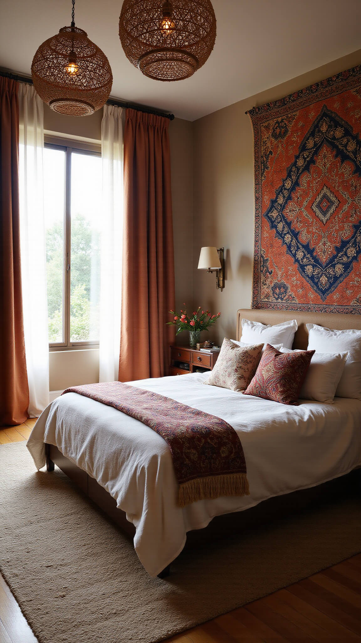 Mid-century modern boho bedroom at dawn with rattan lights, platform bed, embroidered cushions, and large indigo rust tapestry.