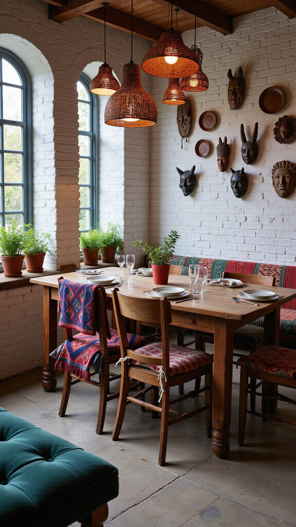 Cozy 12x14ft dining nook with carved wooden table, mismatched kilim-upholstered chairs, woven basket pendant lights, trailing plants in terracotta pots, and a gallery wall of tribal masks and handwoven plates, photographed during blue hour.
