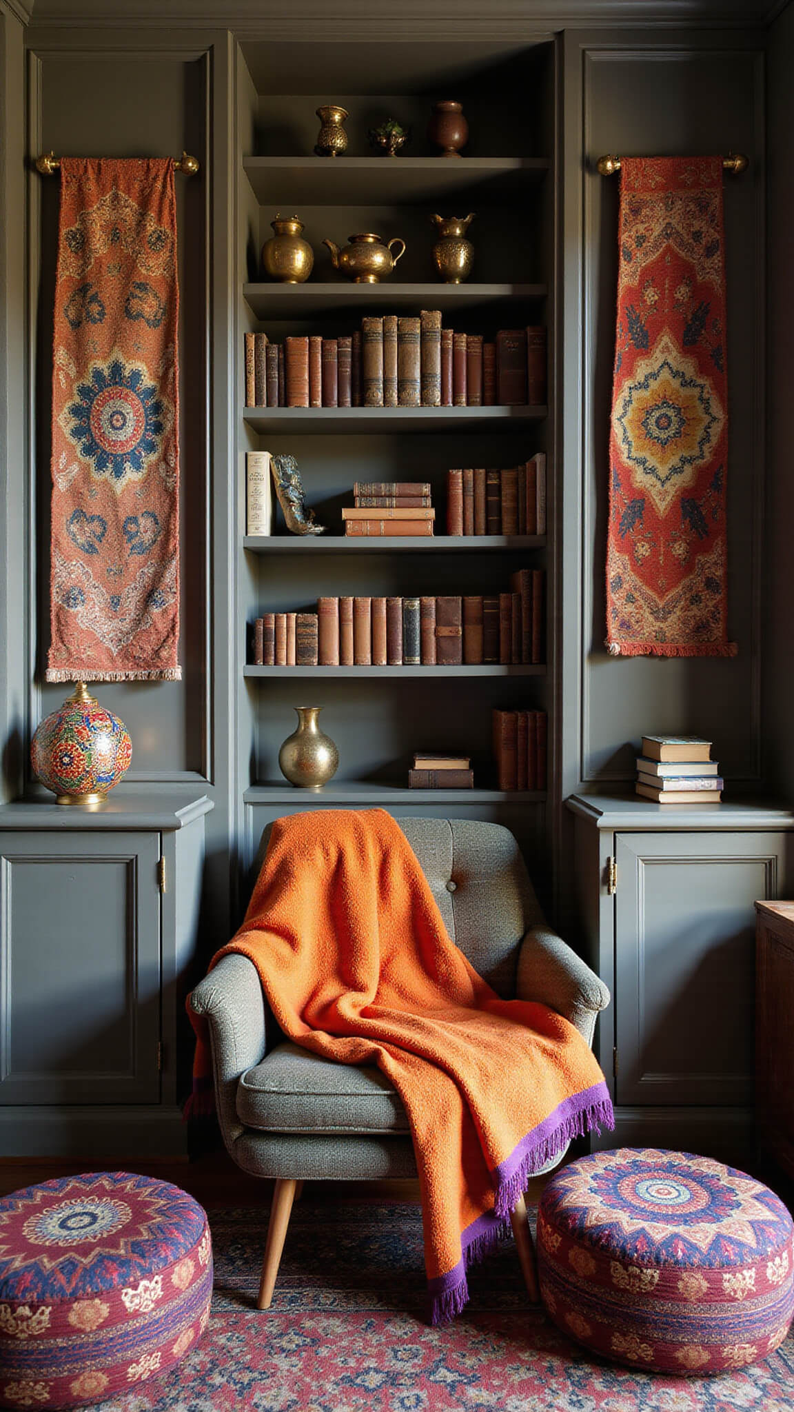 Cozy reading nook with a peacock chair draped in a colorful blanket, surrounded by global decor, bookshelves, poufs, and a mosaic lamp casting patterned light.