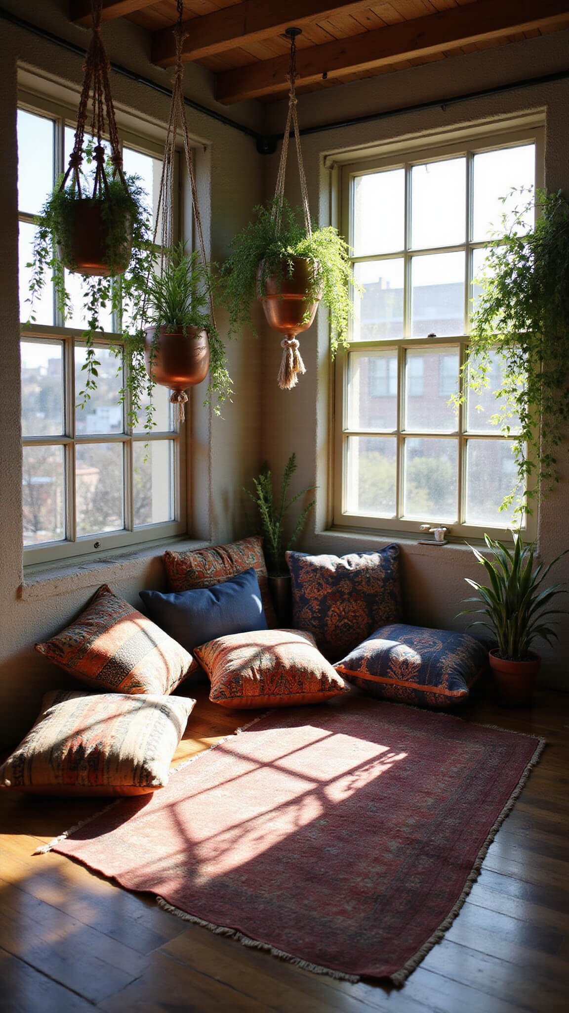 Sunlit artist's loft studio with floor cushions, silk pillows, macramé plant hangers, vintage kilim rug, and mixed metal accents, viewed from above in late afternoon light.