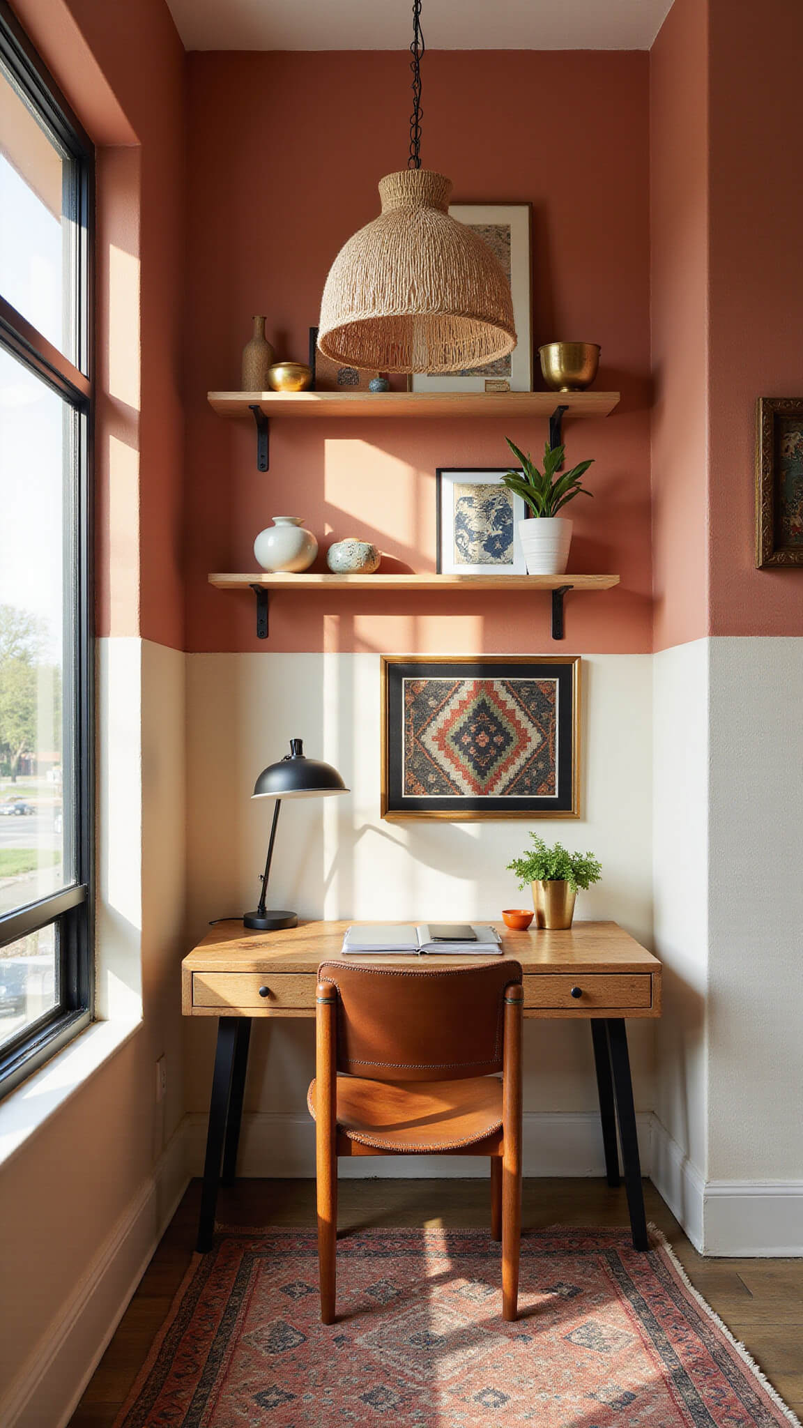 Eclectic 10x10ft home office nook with reclaimed wood desk, vintage leather sling chair, framed textile art, floating shelves with ceramics, Beni Ourain rug, and woven pendant lighting in natural morning light.