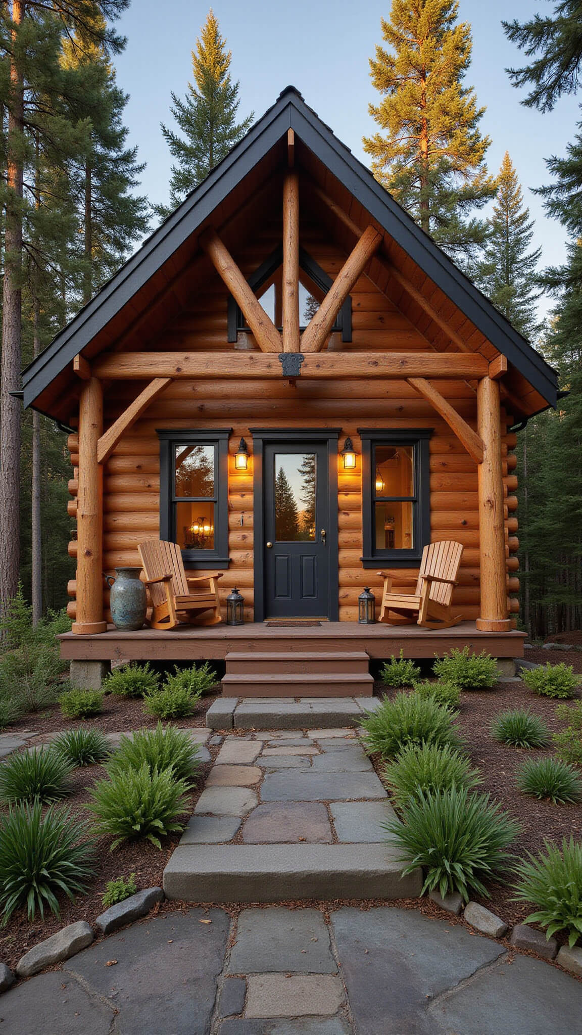 Rustic log cabin exterior at golden hour with cedar siding, stone foundation, wraparound porch, vintage décor, and surrounding woodland landscaping.