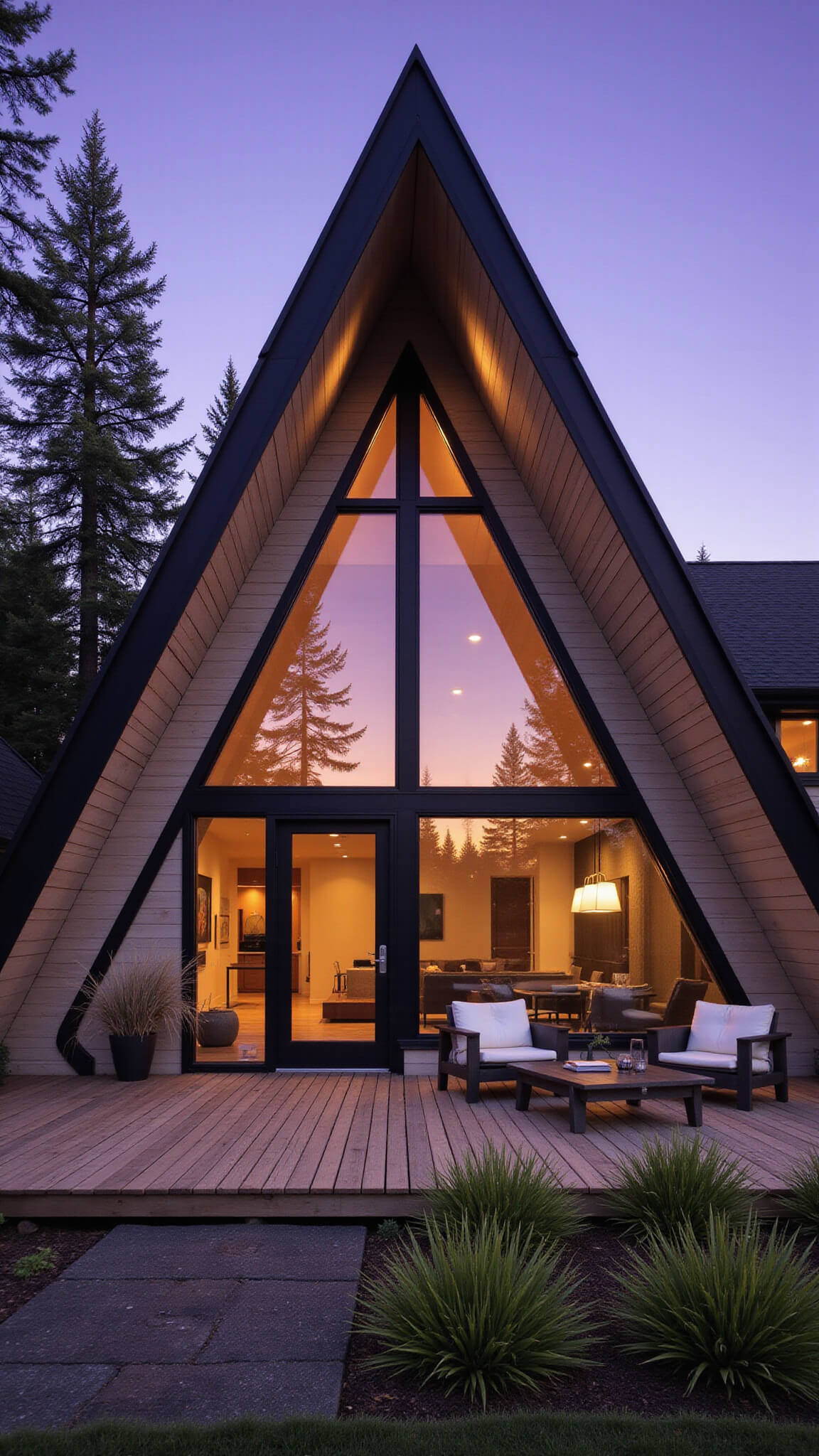 Modern A-frame cabin with sharp 45-degree rooflines, glowing floor-to-ceiling windows, black trim on pale wood exterior, and a sleek deck amid minimalist native landscaping at twilight.